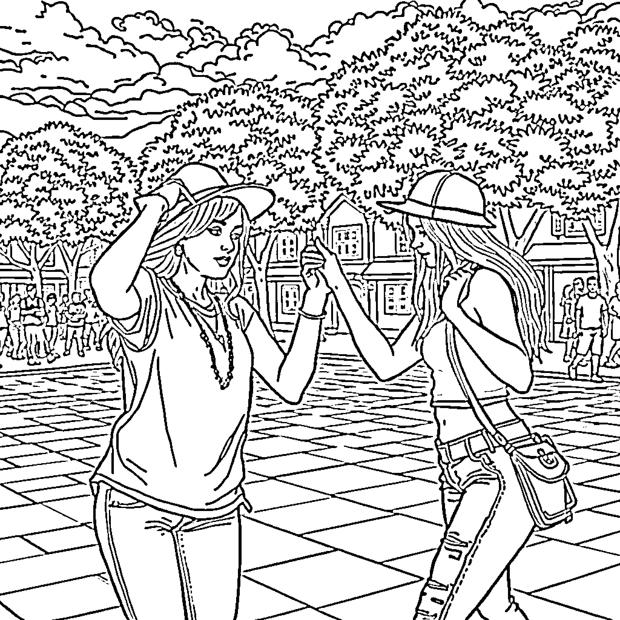Adolescente enjoying the outdoors with friends Coloring Page (free black-and-white line drawing printable PDF for all, from beginners to advanced learners, including children, teens, adults, and seniors)