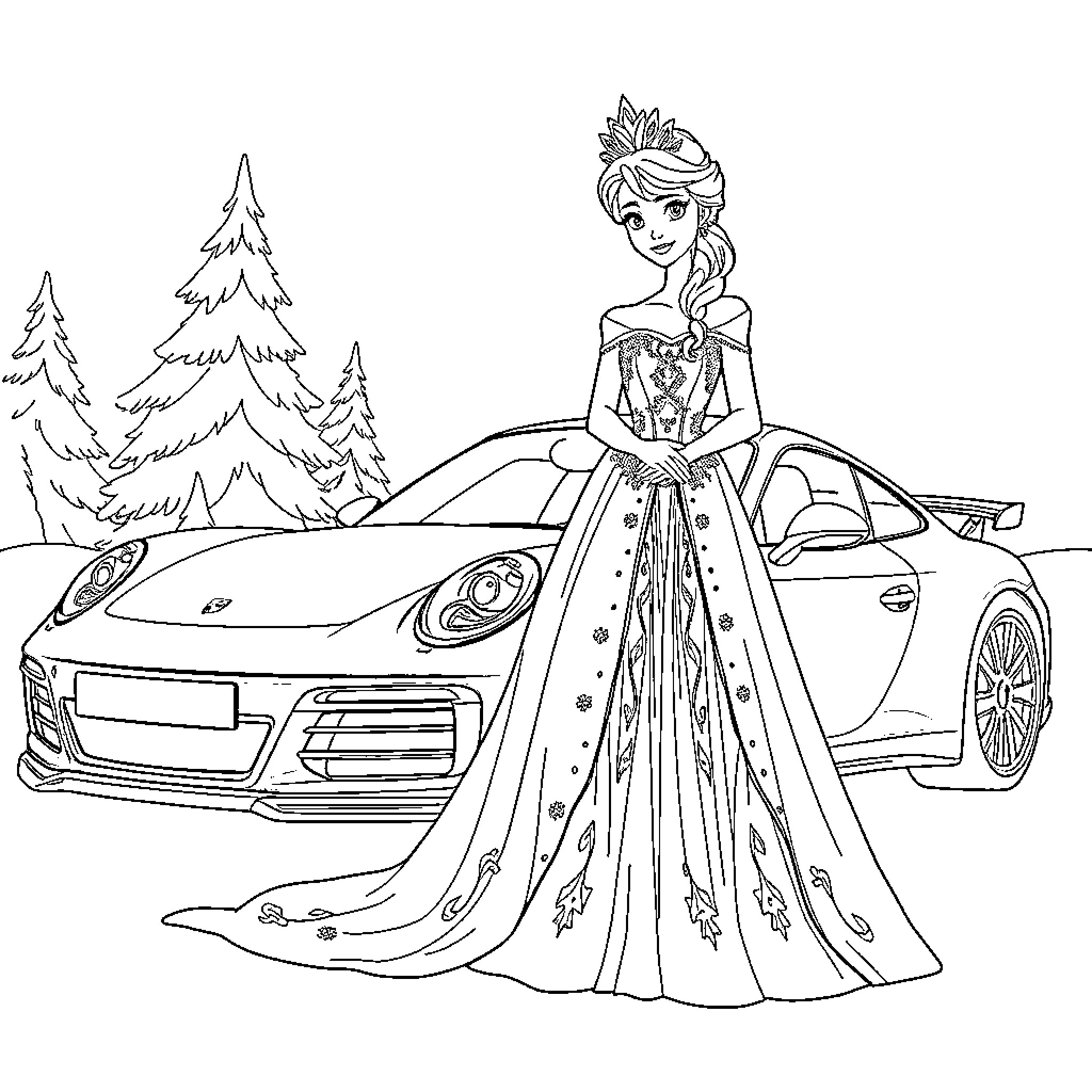 Queen poses gracefully by a luxurious car Coloring Page (free black-and-white line drawing printable PDF for all, from beginners to advanced learners, including children, teens, adults, and seniors)
