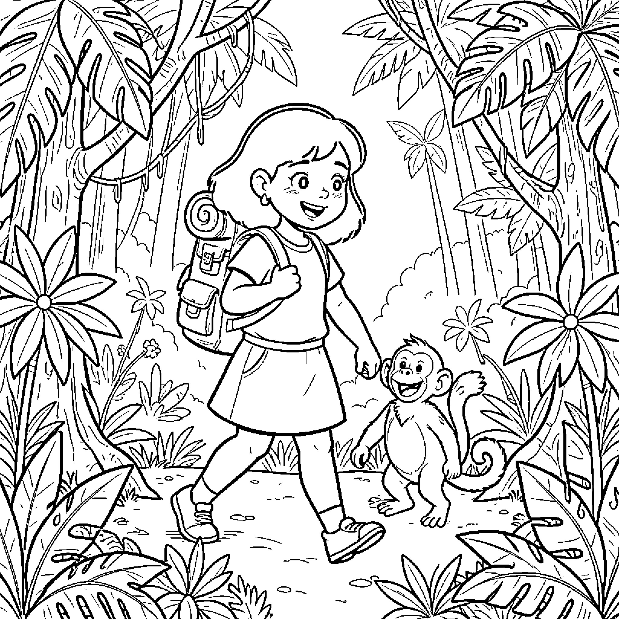 Dora walking through the jungle with a monkey Coloring Page (free black-and-white line drawing printable PDF for all, from beginners to advanced learners, including children, teens, adults, and seniors)