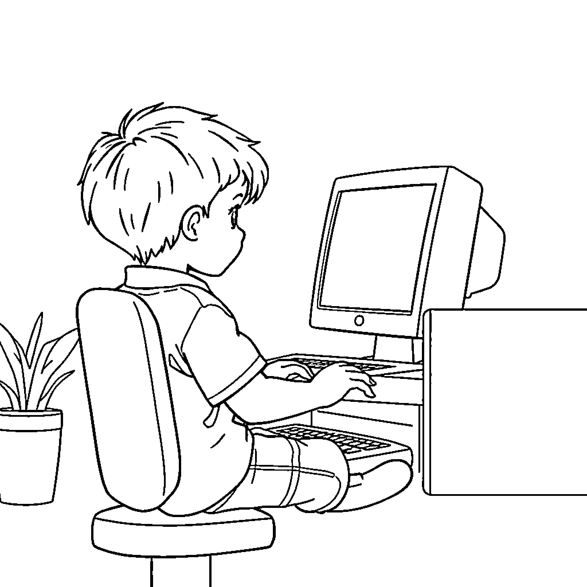 Niño concentrado usando la computadora Coloring Page (free black-and-white line drawing printable PDF for all, from beginners to advanced learners, including children, teens, adults, and seniors)