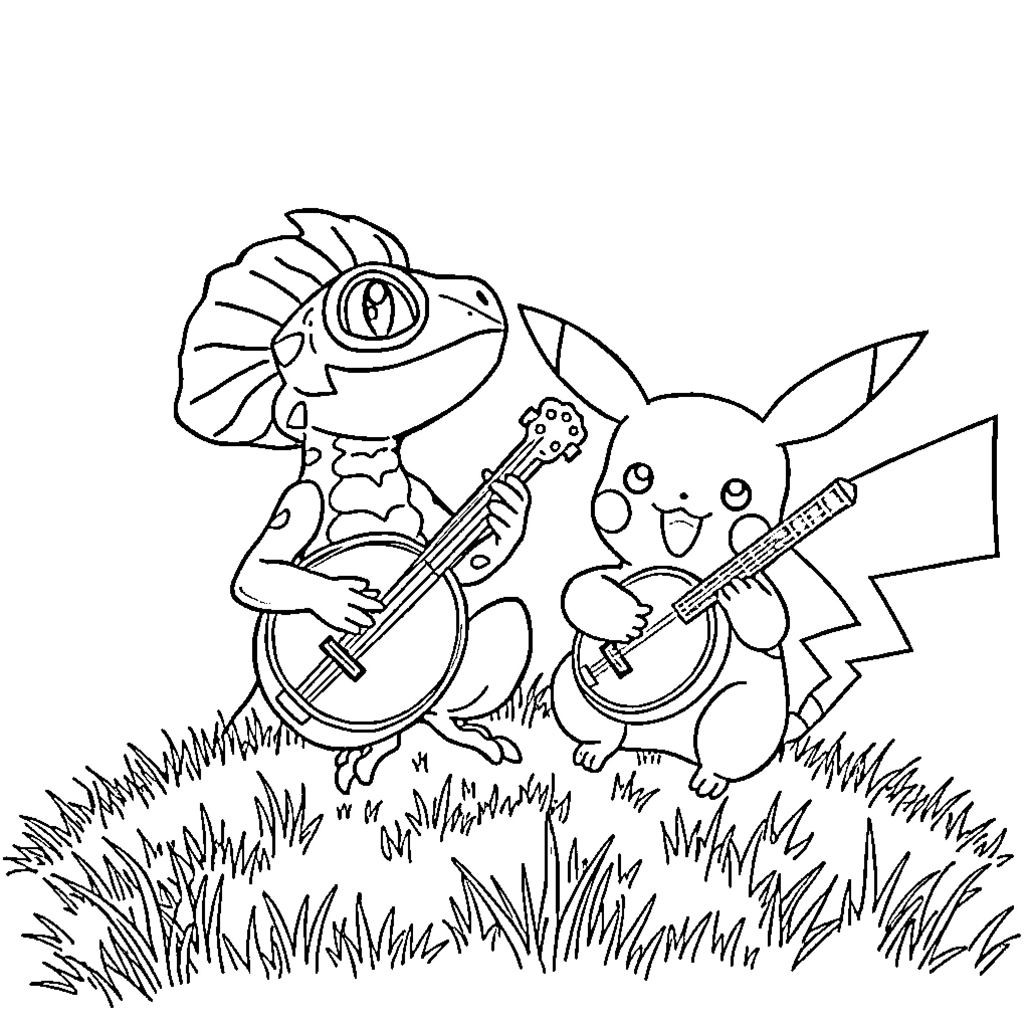 Chameleon and Pikachu playing musical instruments in nature Coloring Page (free black-and-white line drawing printable PDF for all, from beginners to advanced learners, including children, teens, adults, and seniors)