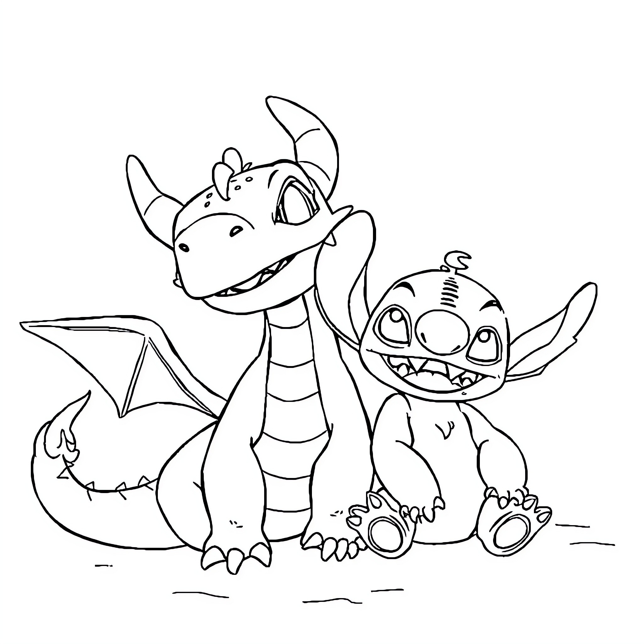 Chimuelo and Stitch's Playful Encounter Coloring Page (free black-and-white line drawing printable PDF for all, from beginners to advanced learners, including children, teens, adults, and seniors)