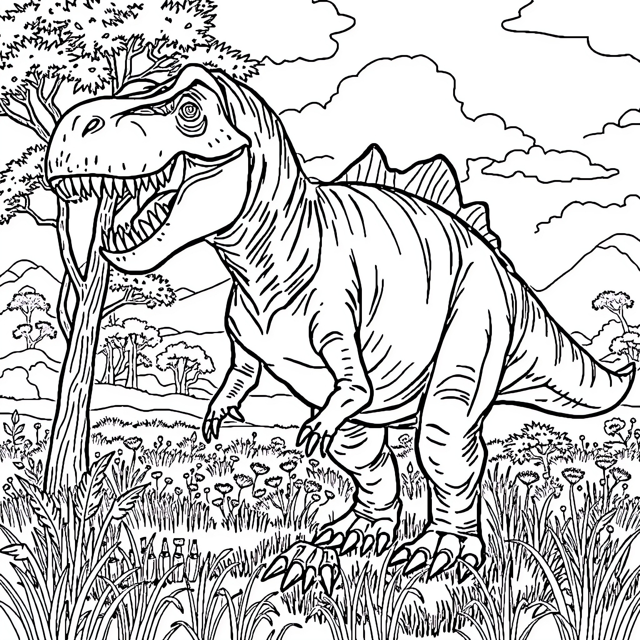 Tyrannosaurus Rex roaming through the prehistoric landscape Coloring Page (free black-and-white line drawing printable PDF for all, from beginners to advanced learners, including children, teens, adults, and seniors)