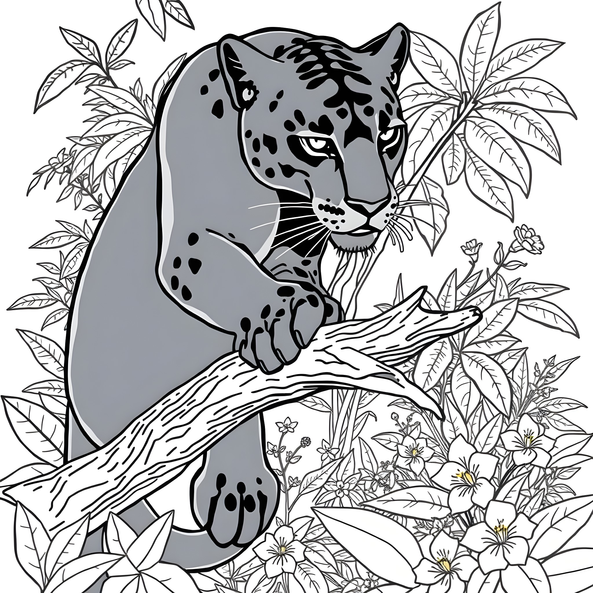 Panther gracefully perched in lush tropical foliage Coloring Page (free black-and-white line drawing printable PDF for all, from beginners to advanced learners, including children, teens, adults, and seniors)