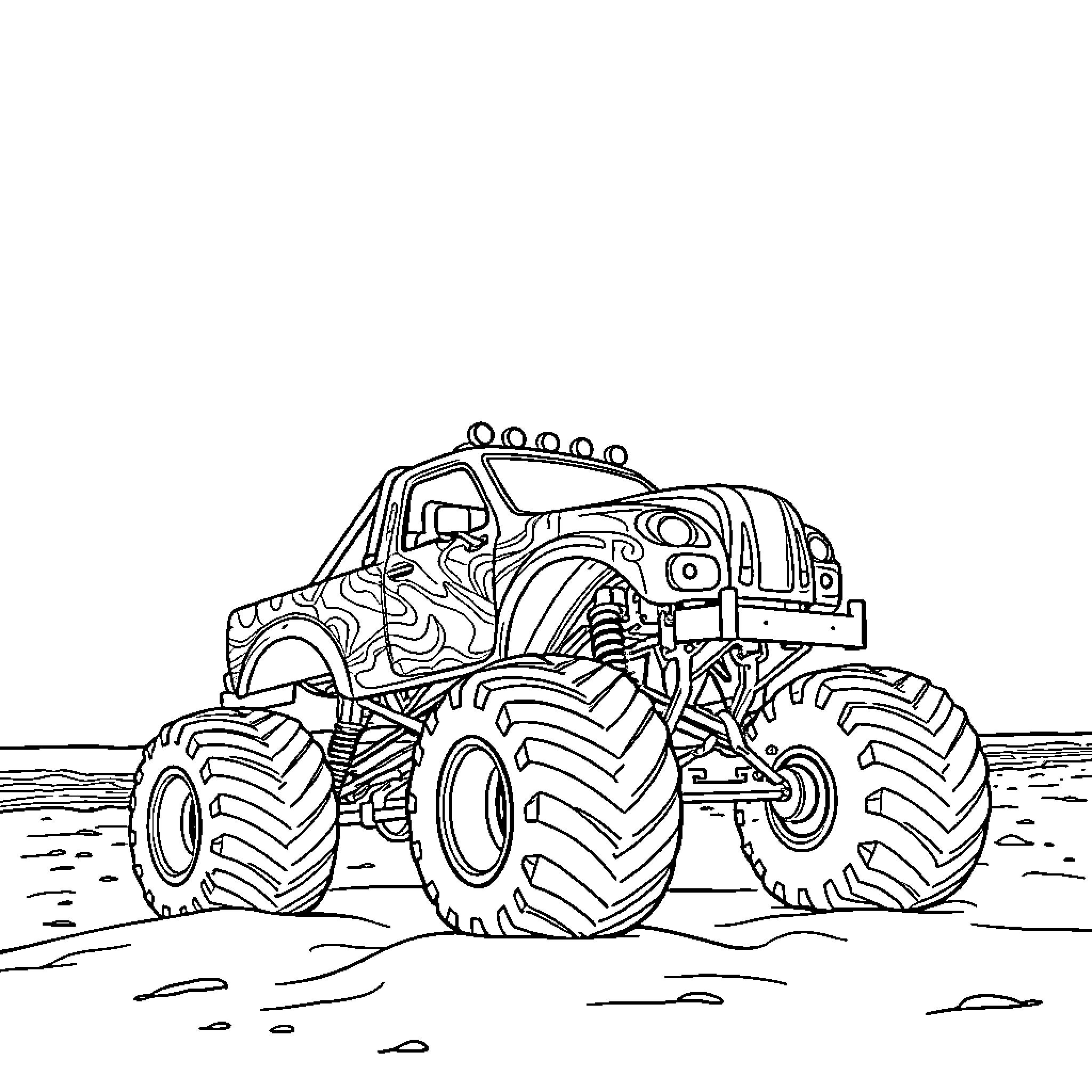 Monster Truck Crushing Obstacles on Terrain Coloring Page (free black-and-white line drawing printable PDF for all, from beginners to advanced learners, including children, teens, adults, and seniors)