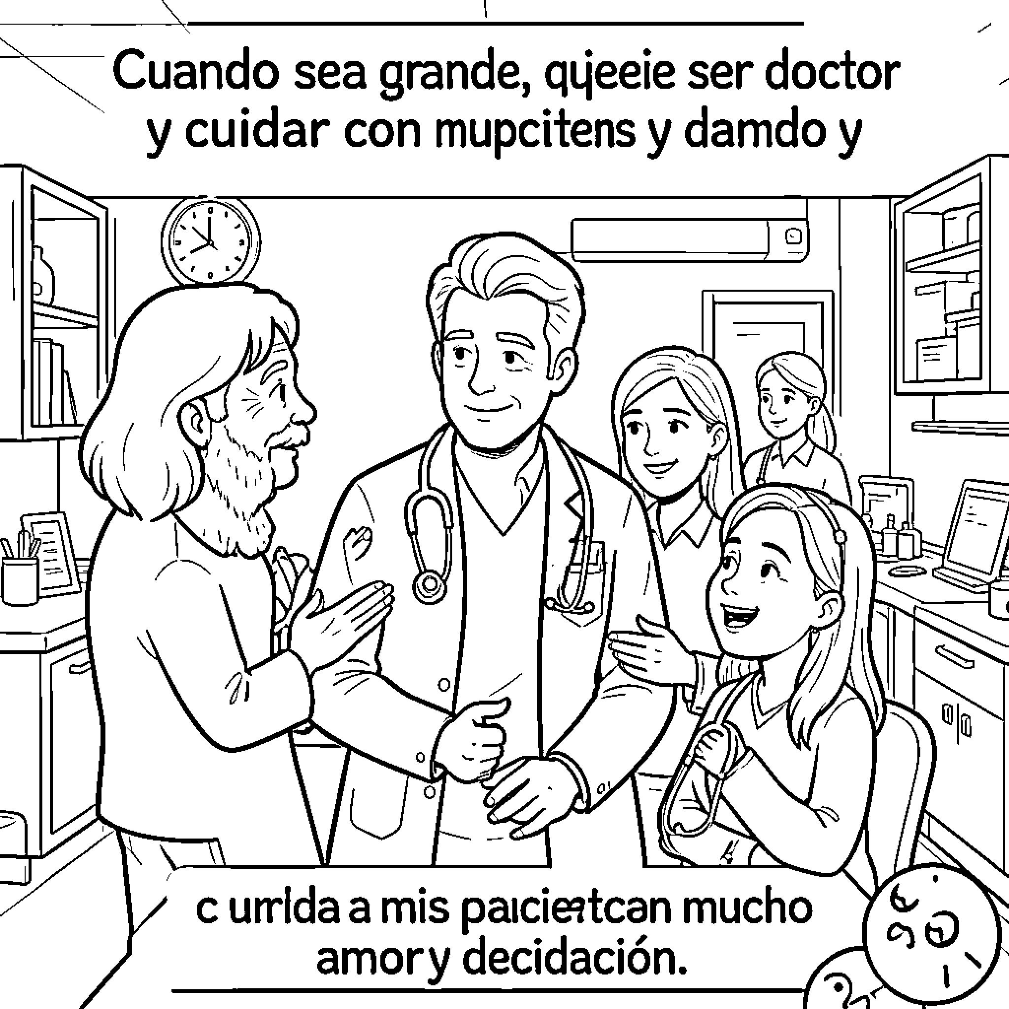 Doctor Caring for Patients with Compassion and Dedication Coloring Page (free black-and-white line drawing printable PDF for all, from beginners to advanced learners, including children, teens, adults, and seniors)
