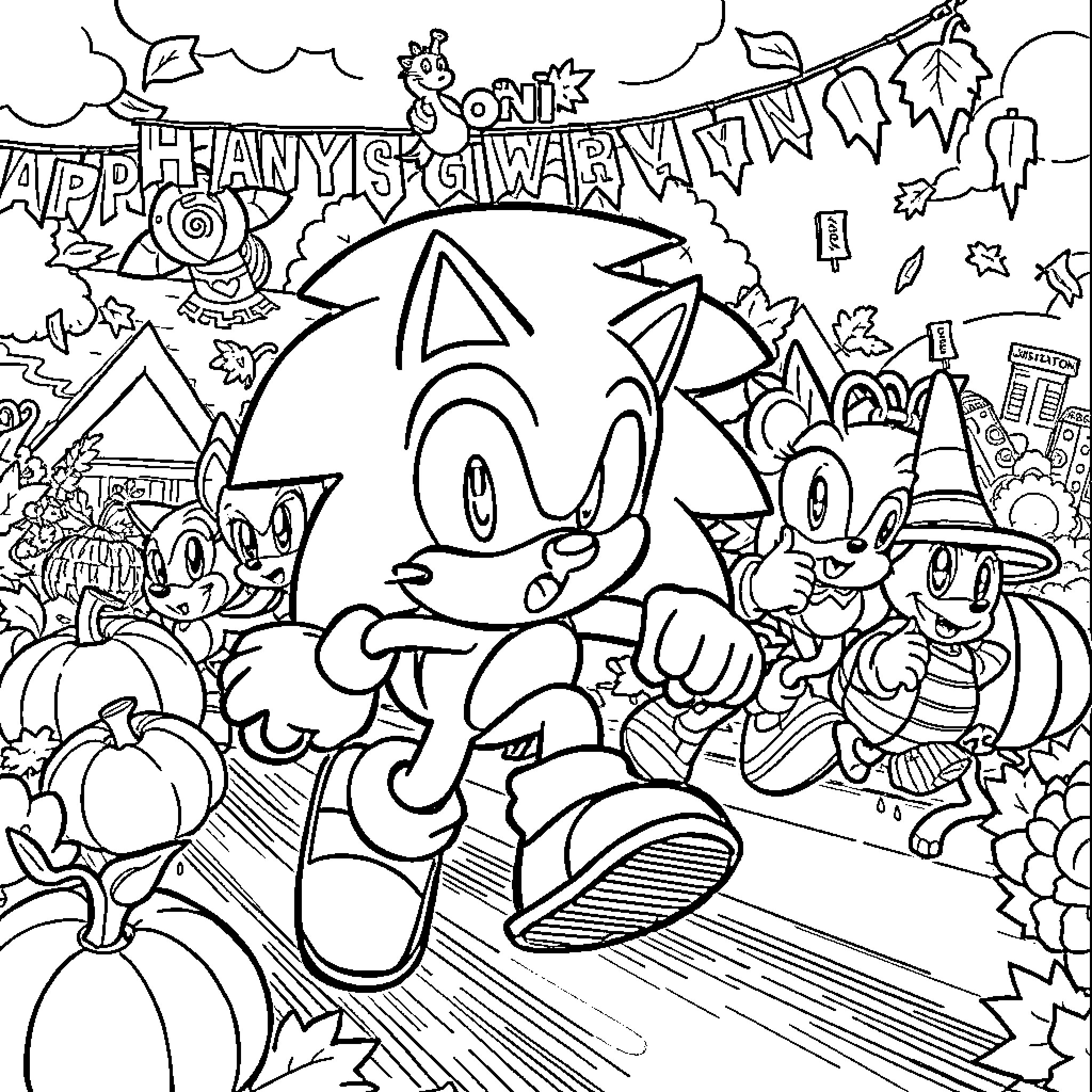 Sonic's Whimsical Autumn Adventure Coloring Page (free black-and-white line drawing printable PDF for all, from beginners to advanced learners, including children, teens, adults, and seniors)