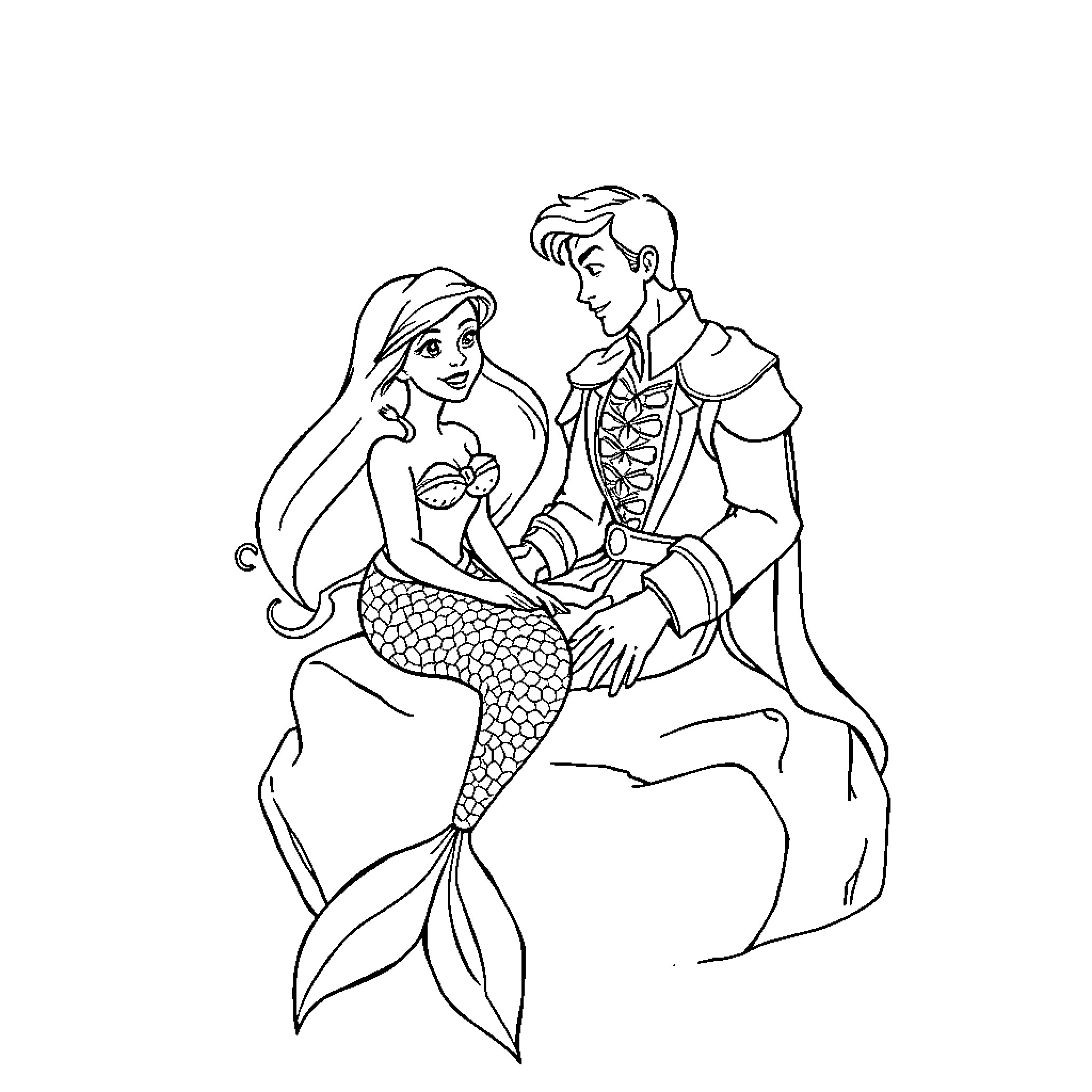 Ariel and Prince Eric in an embracing pose Coloring Page (free black-and-white line drawing printable PDF for all, from beginners to advanced learners, including children, teens, adults, and seniors)