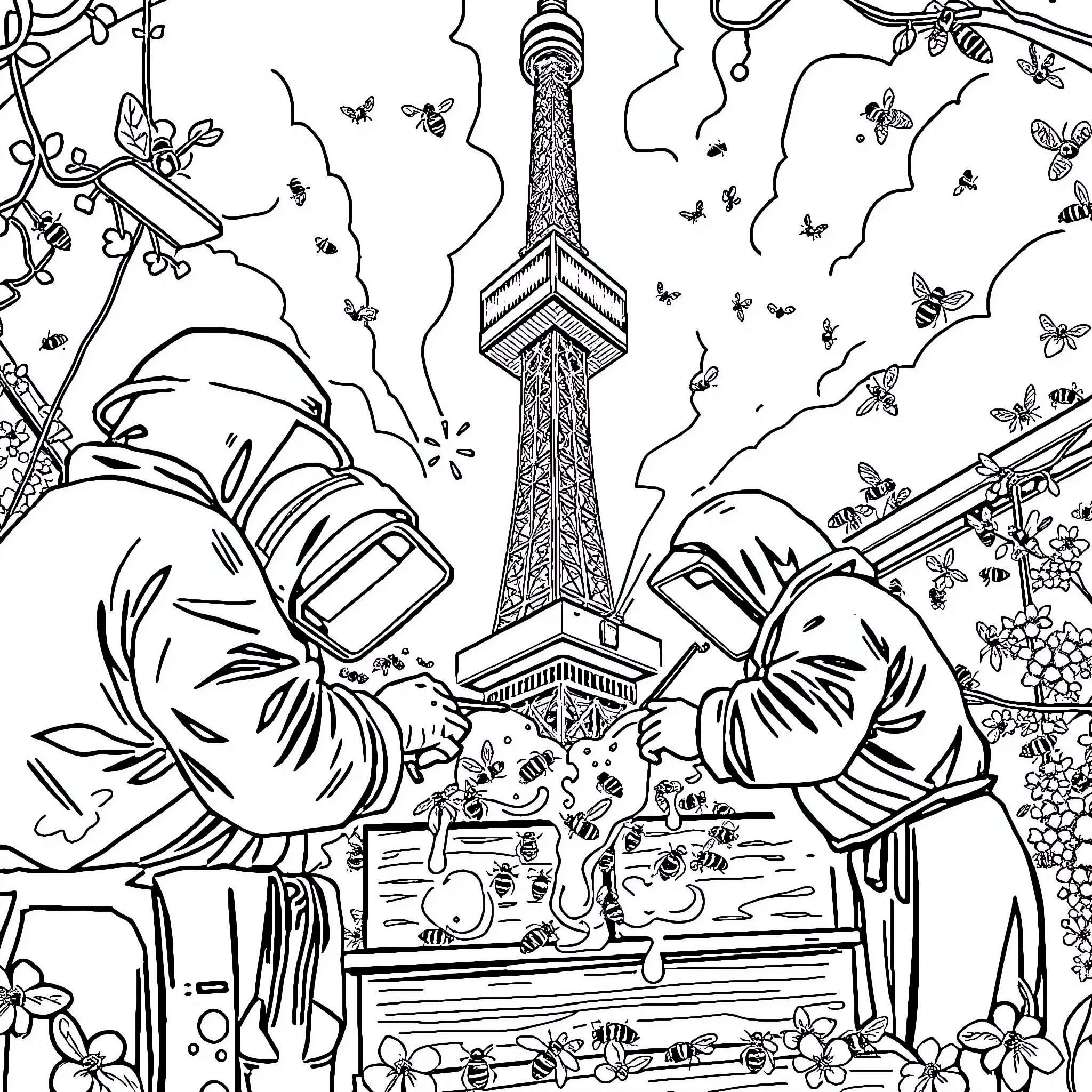 Honey, Lovers Exploring the City's Wonders Coloring Page (free black-and-white line drawing printable PDF for all, from beginners to advanced learners, including children, teens, adults, and seniors)