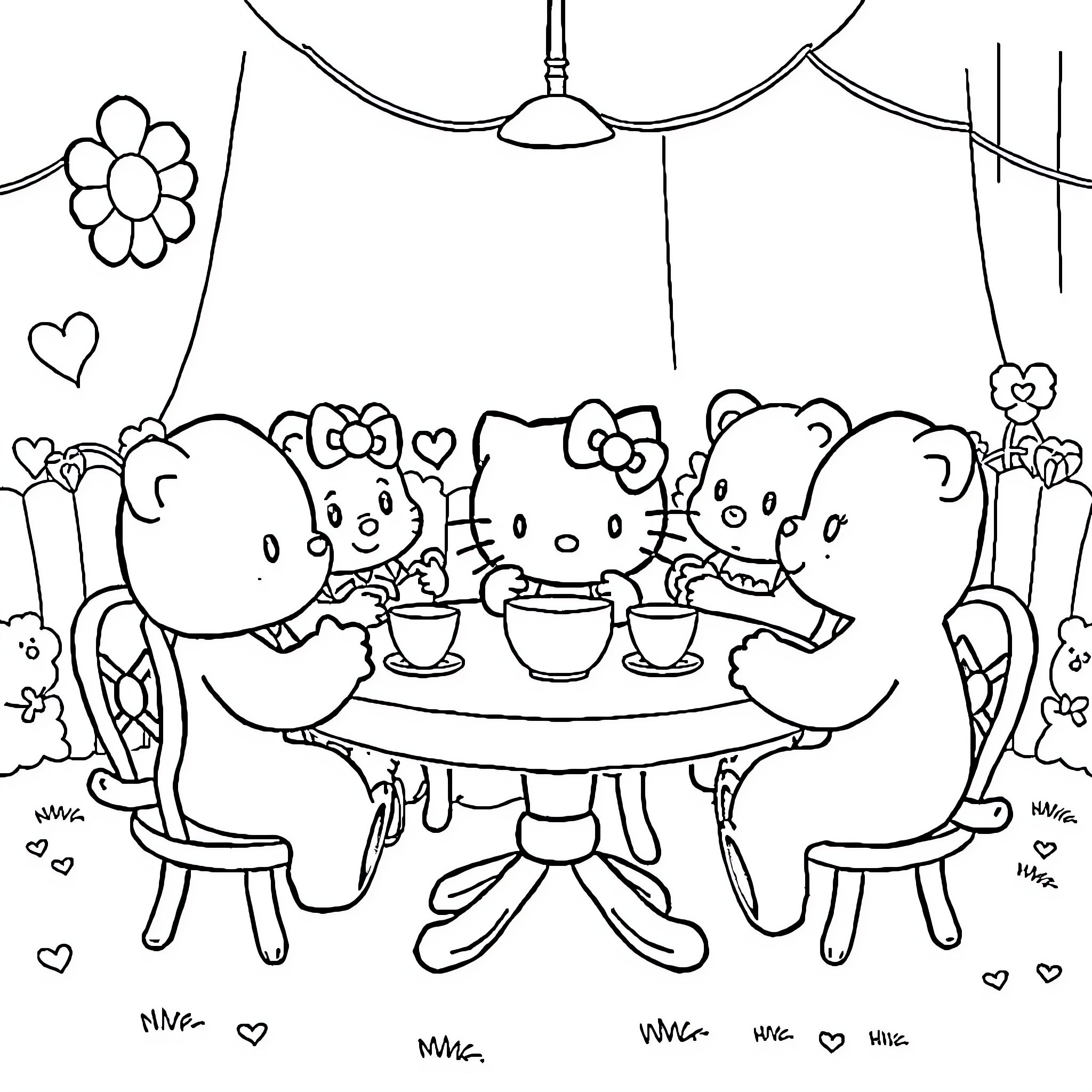Hello Kitty enjoying tea time with friends Coloring Page (free black-and-white line drawing printable PDF for all, from beginners to advanced learners, including children, teens, adults, and seniors)