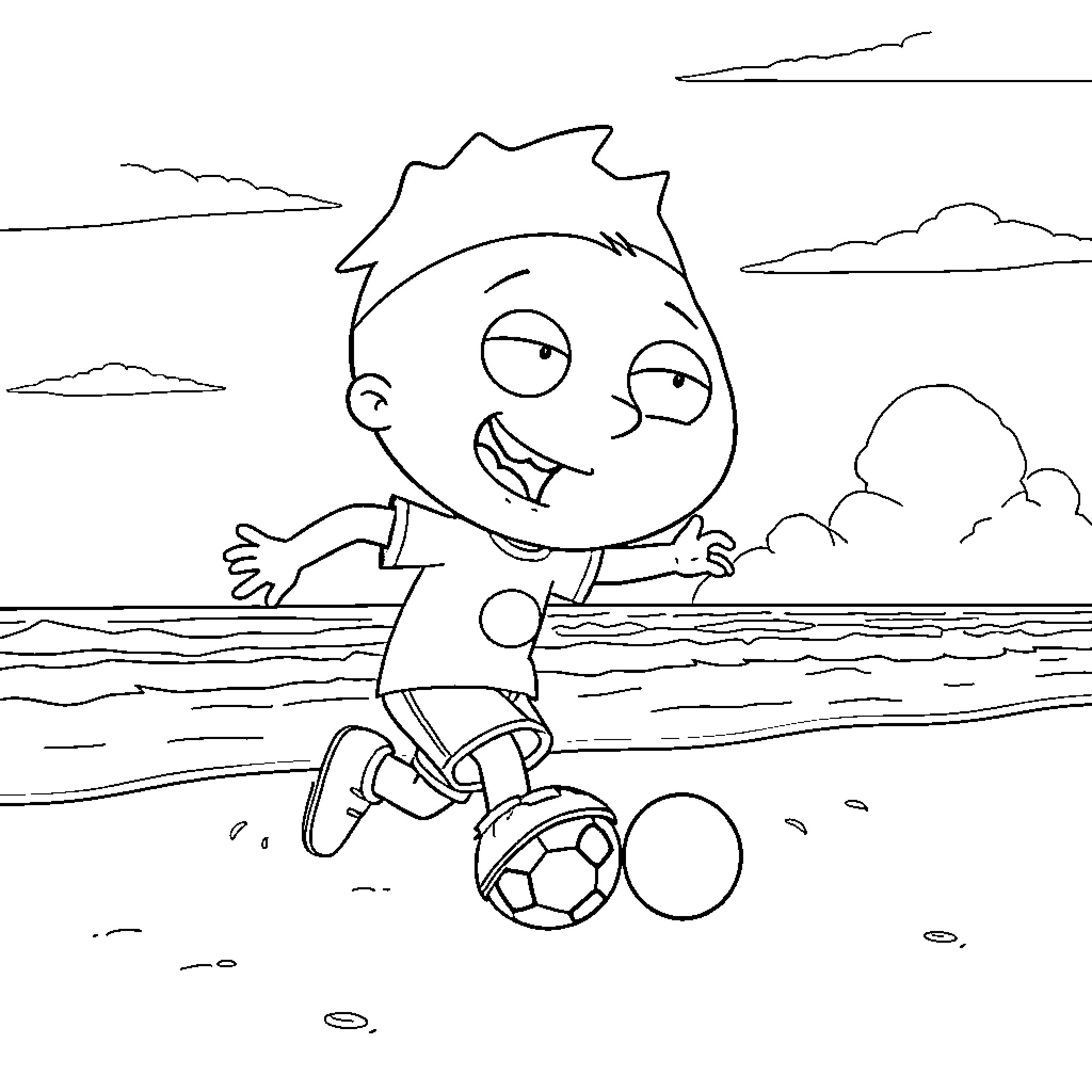 Stewie playing soccer by the beach Coloring Page (free black-and-white line drawing printable PDF for all, from beginners to advanced learners, including children, teens, adults, and seniors)