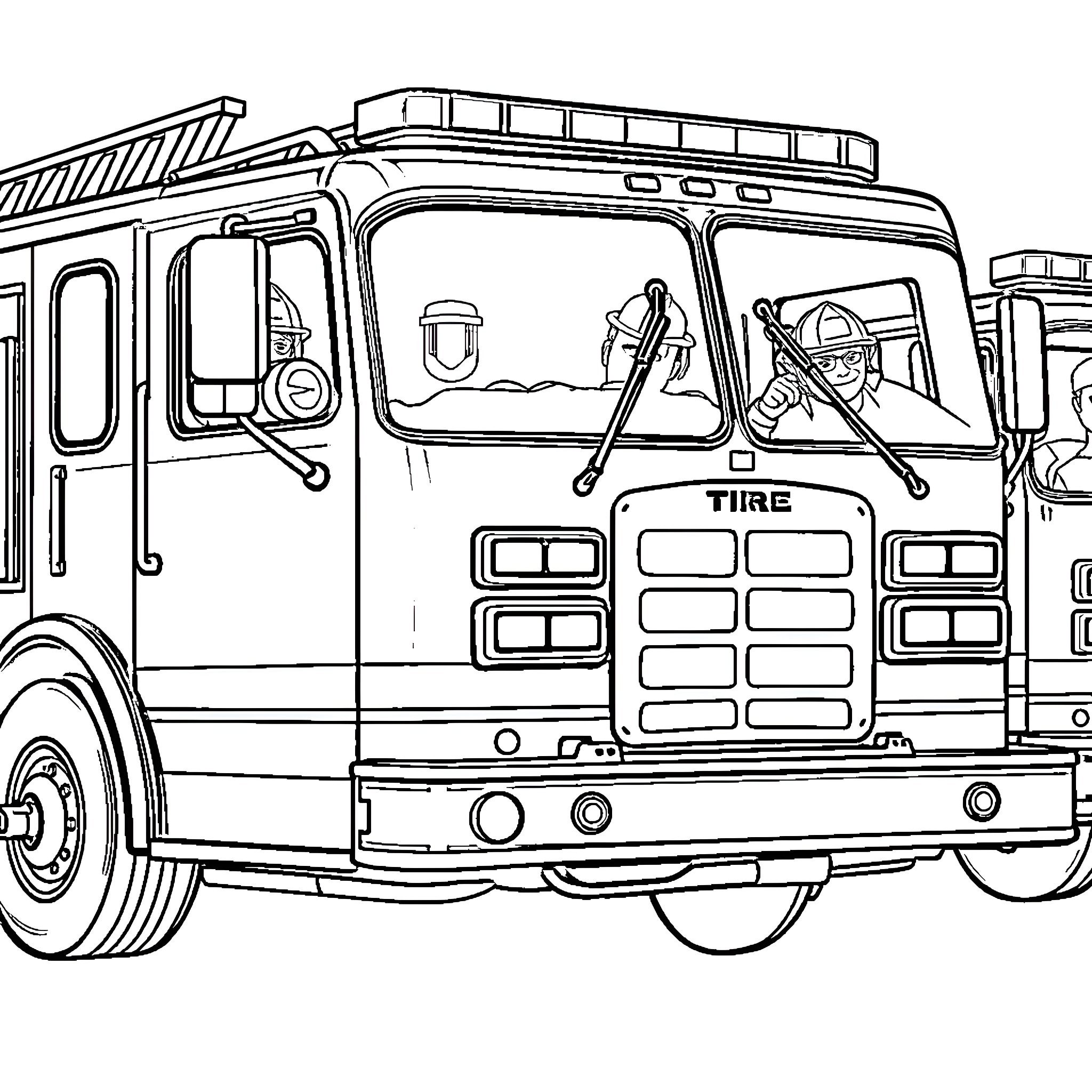 Firetruck with emergency equipment and tools Coloring Page (free black-and-white line drawing printable PDF for all, from beginners to advanced learners, including children, teens, adults, and seniors)