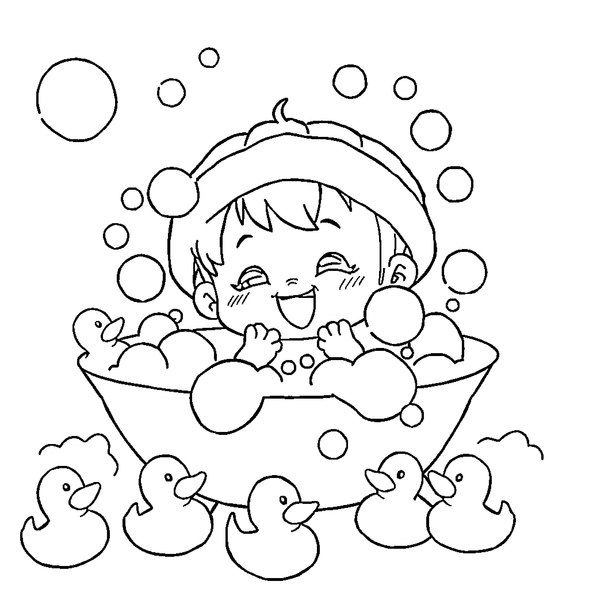 Kuromi bathing happily with adorable ducklings Coloring Page (free black-and-white line drawing printable PDF for all, from beginners to advanced learners, including children, teens, adults, and seniors)