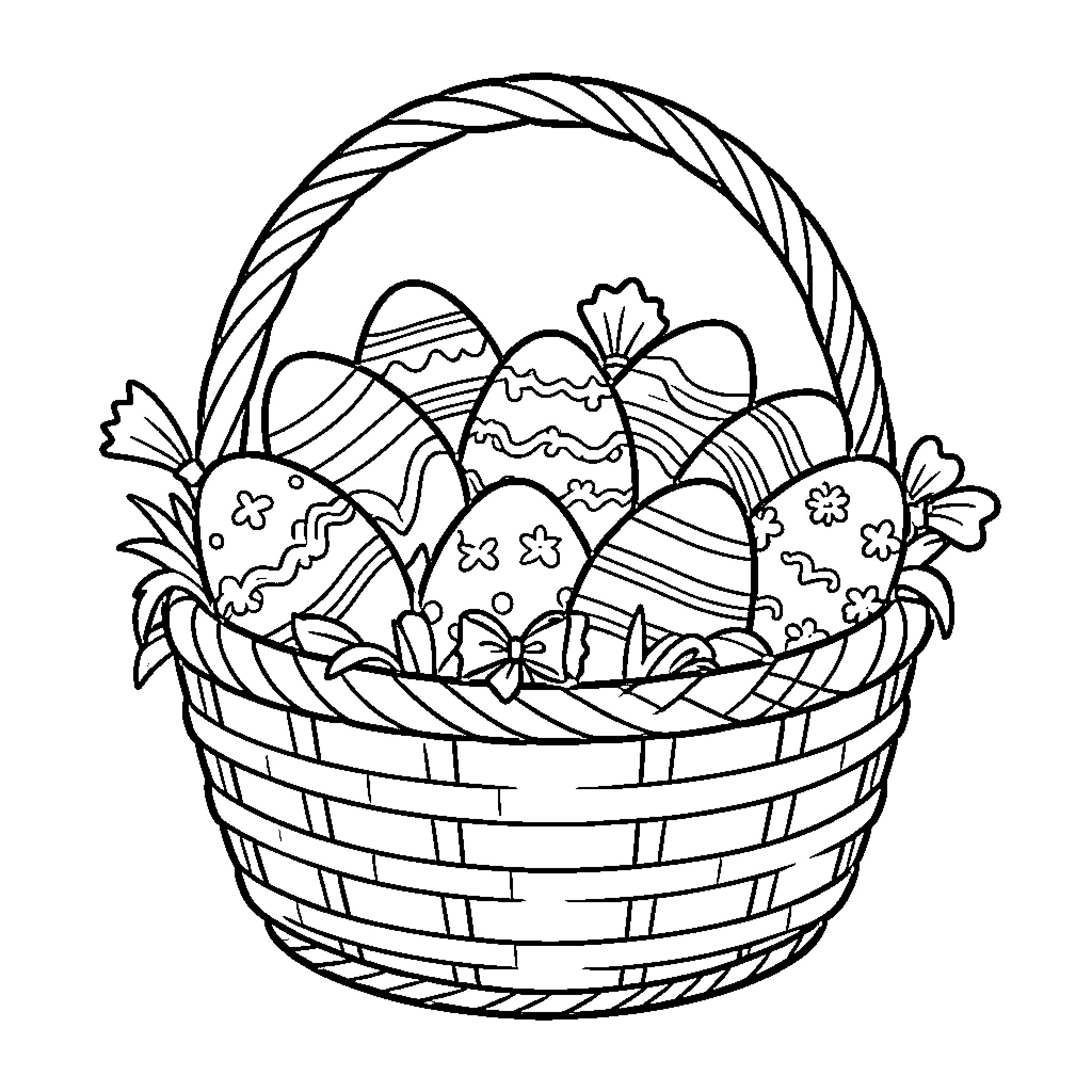 Easter Basket with Decorated Eggs and Flowers Coloring Page (free black-and-white line drawing printable PDF for all, from beginners to advanced learners, including children, teens, adults, and seniors)