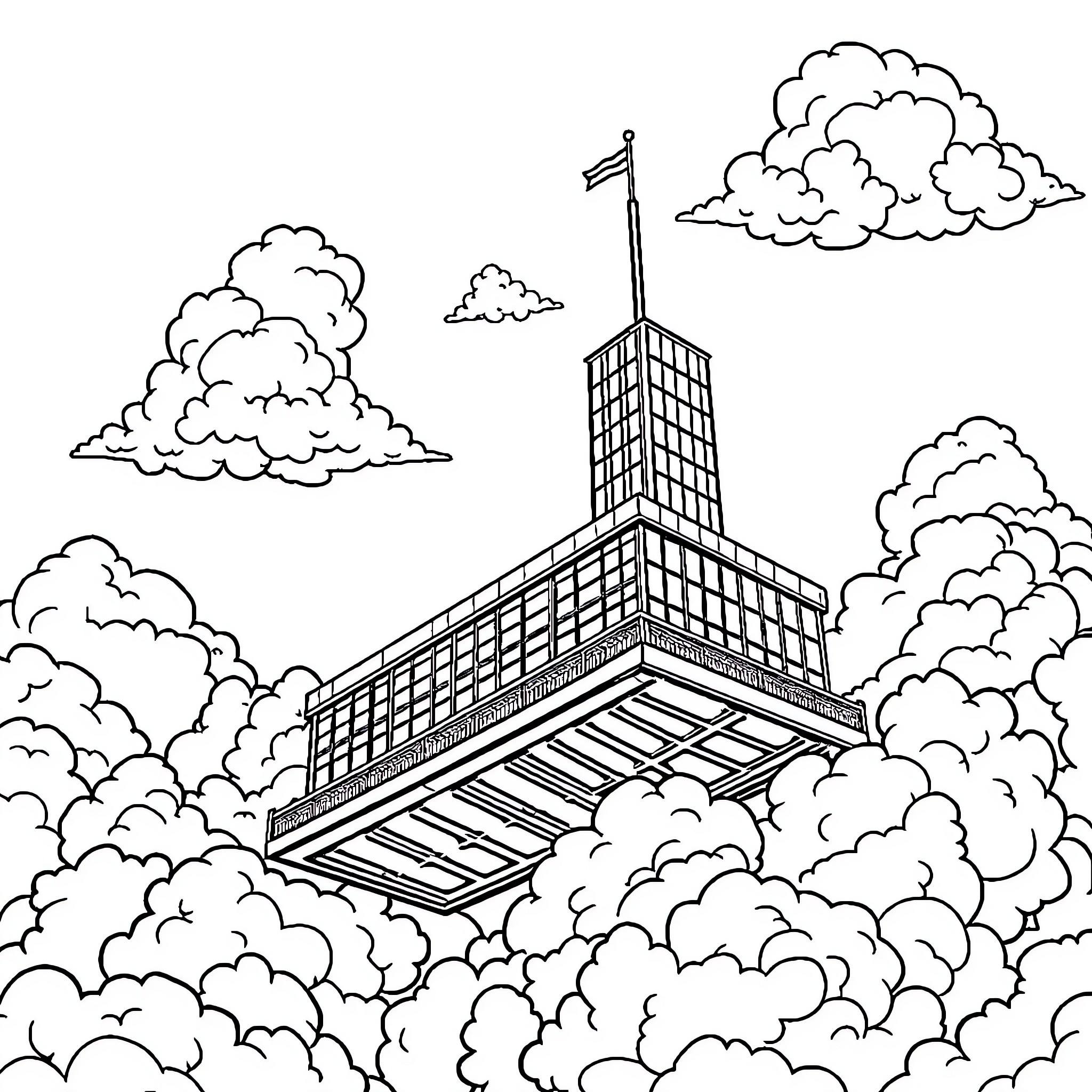 Stock Market Skyscraper Amid Cloudy Skies Coloring Page (free black-and-white line drawing printable PDF for all, from beginners to advanced learners, including children, teens, adults, and seniors)