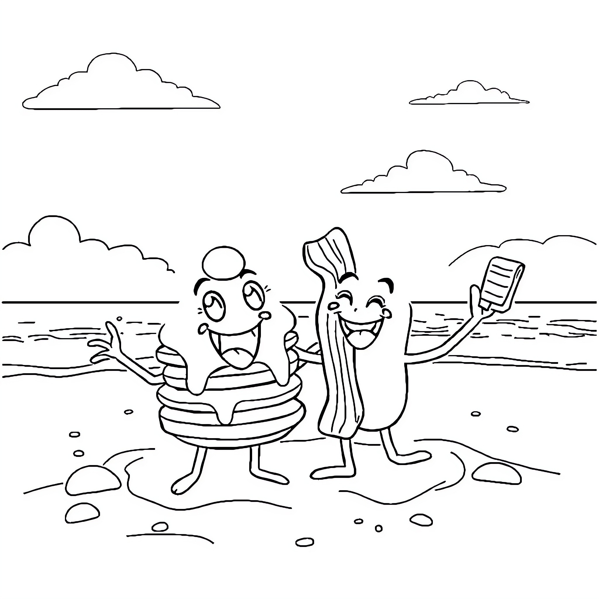 Breakfast Food Fun on the Beach Coloring Page (free black-and-white line drawing printable PDF for all, from beginners to advanced learners, including children, teens, adults, and seniors)