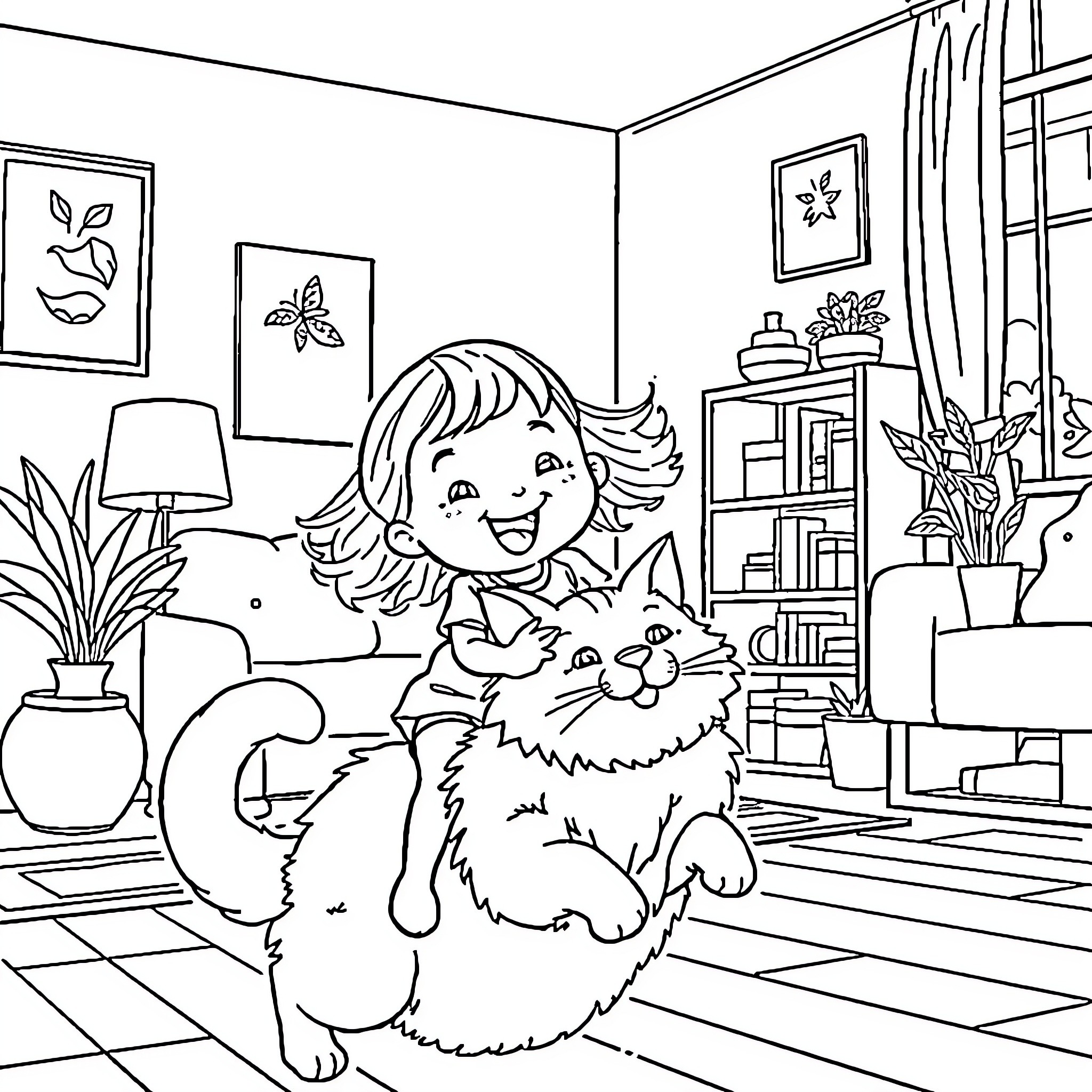 Girl playing happily with her pet in cozy room Coloring Page (free black-and-white line drawing printable PDF for all, from beginners to advanced learners, including children, teens, adults, and seniors)