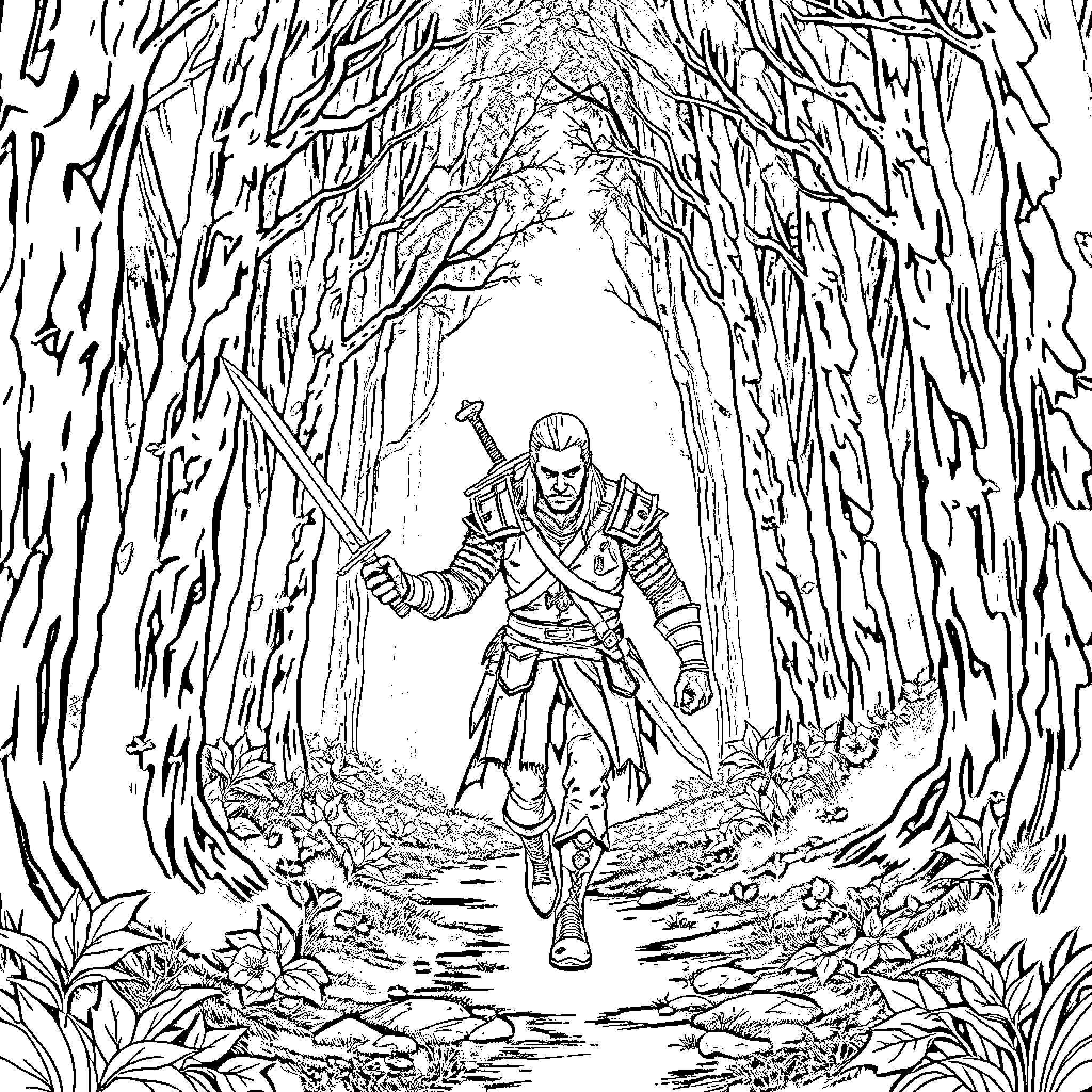 Witcher's Enchanted Forest Exploration Coloring Page (free black-and-white line drawing printable PDF for all, from beginners to advanced learners, including children, teens, adults, and seniors)