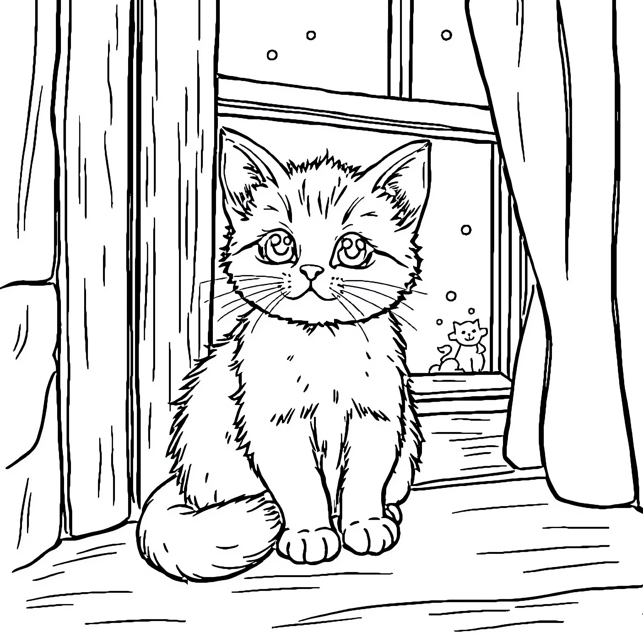 Cat sitting by the window Coloring Page (free black-and-white line drawing printable PDF for all, from beginners to advanced learners, including children, teens, adults, and seniors)