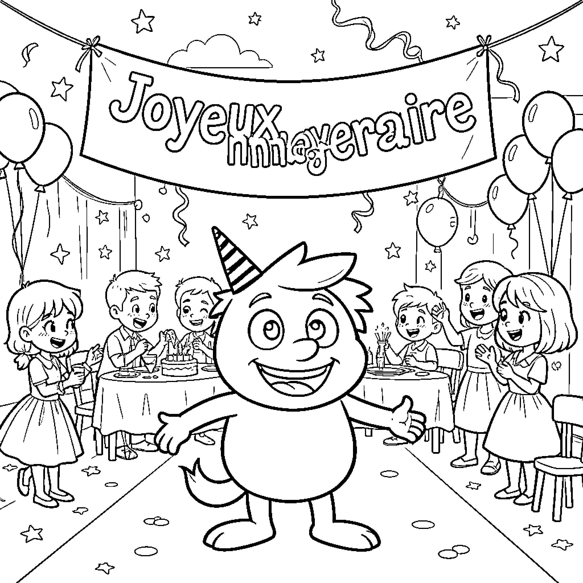 Buzz Lightyear celebrating a joyful birthday party with friends Coloring Page (free black-and-white line drawing printable PDF for all, from beginners to advanced learners, including children, teens, adults, and seniors)
