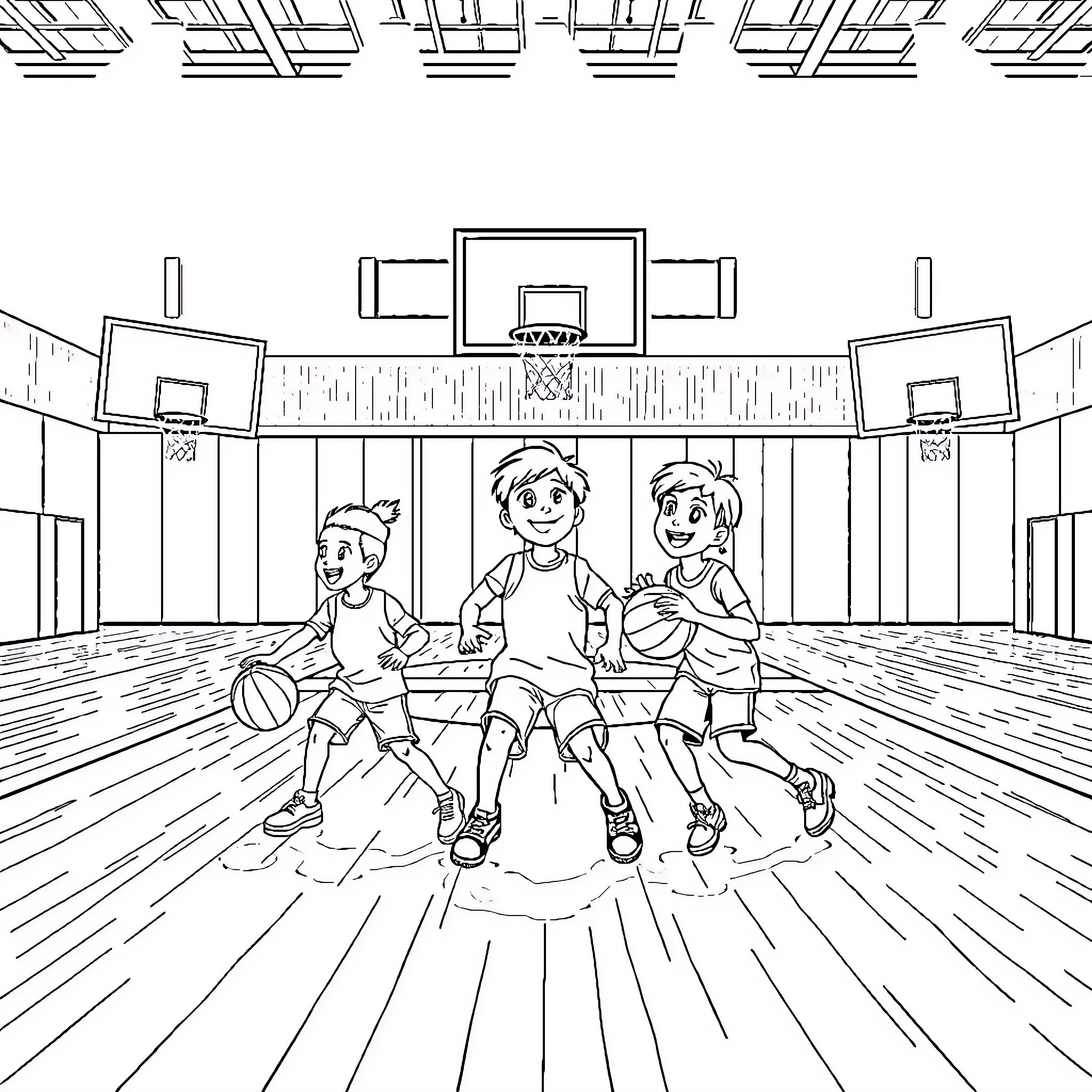 Kids playing basketball in indoor court Coloring Page (free black-and-white line drawing printable PDF for all, from beginners to advanced learners, including children, teens, adults, and seniors)