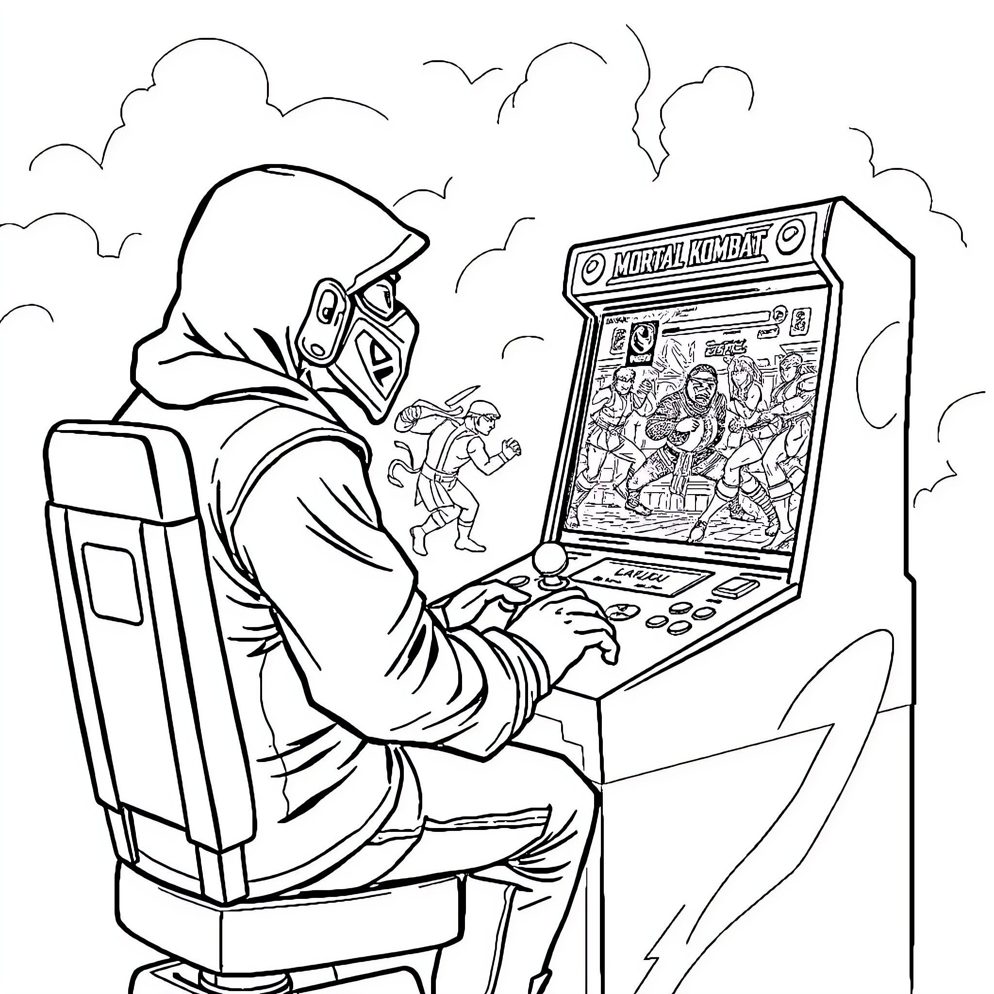 Labubu playing intense video game at arcade machine Coloring Page (free black-and-white line drawing printable PDF for all, from beginners to advanced learners, including children, teens, adults, and seniors)