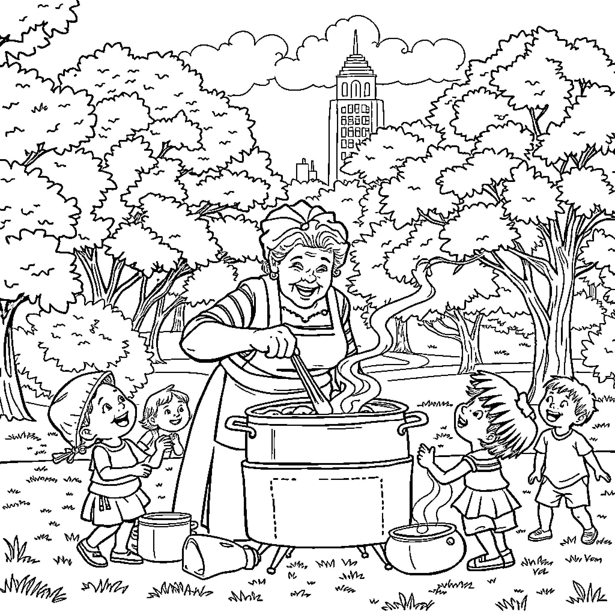Grandma cooking outdoors with her grandchildren Coloring Page (free black-and-white line drawing printable PDF for all, from beginners to advanced learners, including children, teens, adults, and seniors)