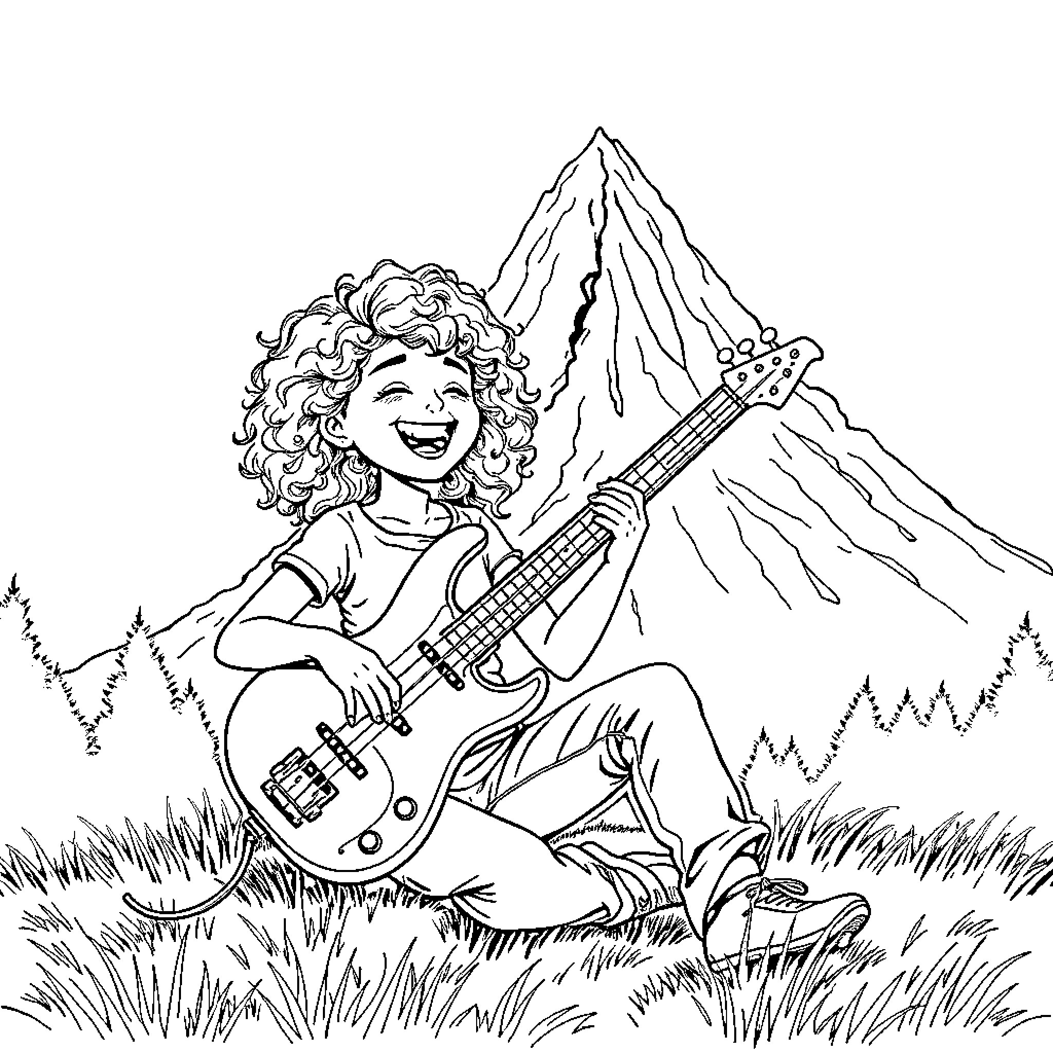 Girl Playing Guitar in the Mountains Coloring Page (free black-and-white line drawing printable PDF for all, from beginners to advanced learners, including children, teens, adults, and seniors)