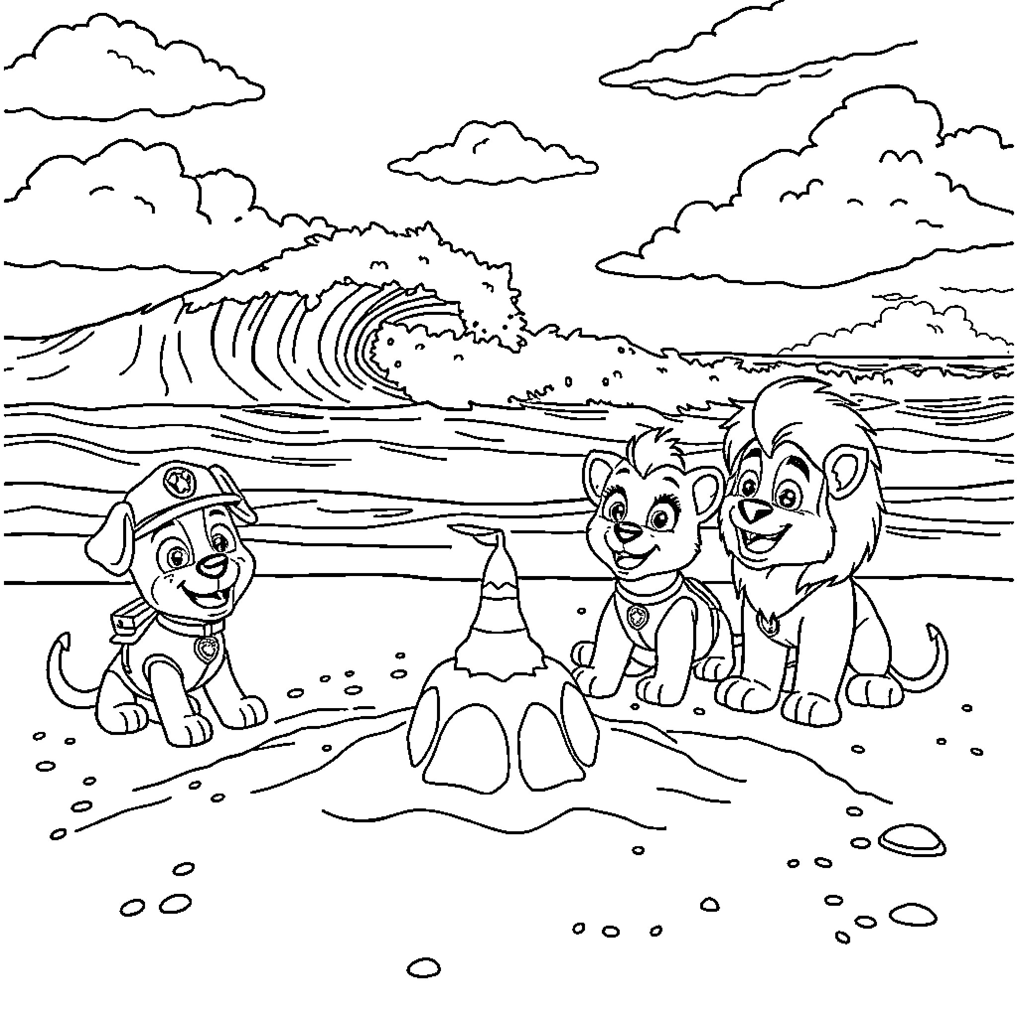 Paw Patrol characters enjoying a beach day Coloring Page (free black-and-white line drawing printable PDF for all, from beginners to advanced learners, including children, teens, adults, and seniors)