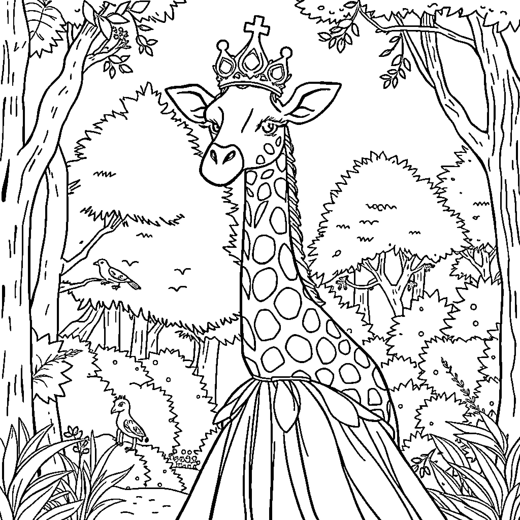 Giraffe with a crown in a forest setting Coloring Page (free black-and-white line drawing printable PDF for all, from beginners to advanced learners, including children, teens, adults, and seniors)