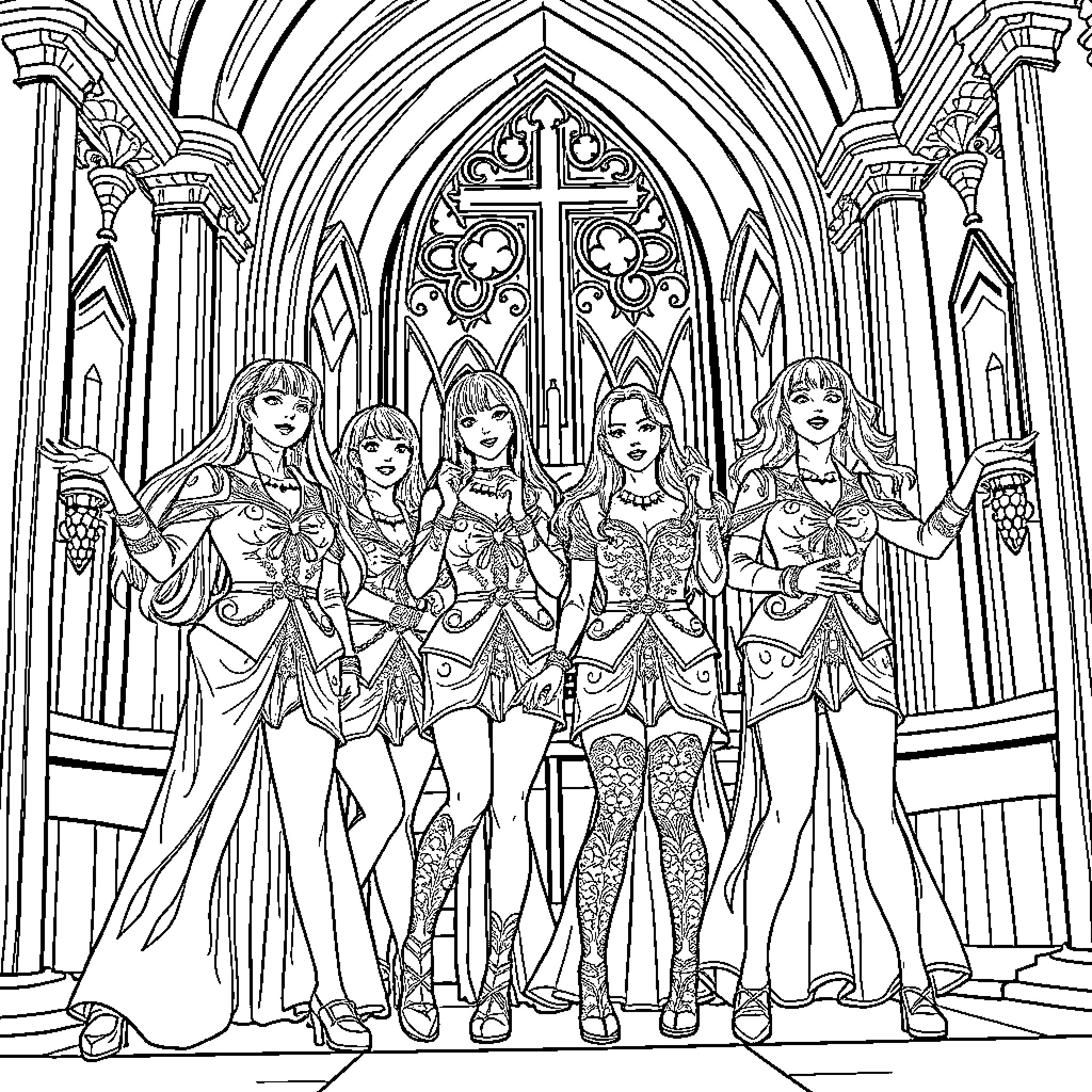 Guerrera Women Proudly Posing in Ornate Cathedral Coloring Page (free black-and-white line drawing printable PDF for all, from beginners to advanced learners, including children, teens, adults, and seniors)