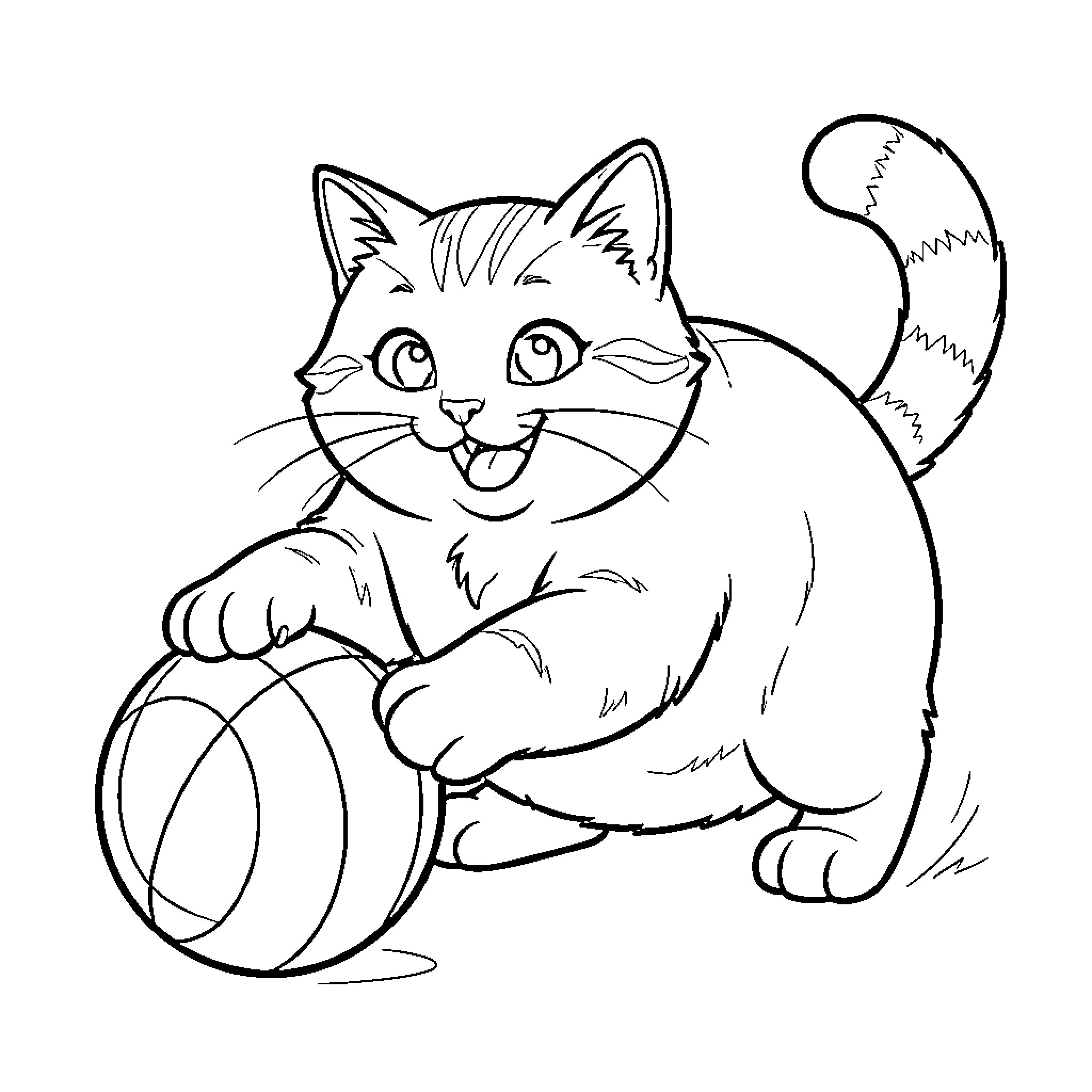Gato playing joyfully with a large ball Coloring Page (free black-and-white line drawing printable PDF for all, from beginners to advanced learners, including children, teens, adults, and seniors)