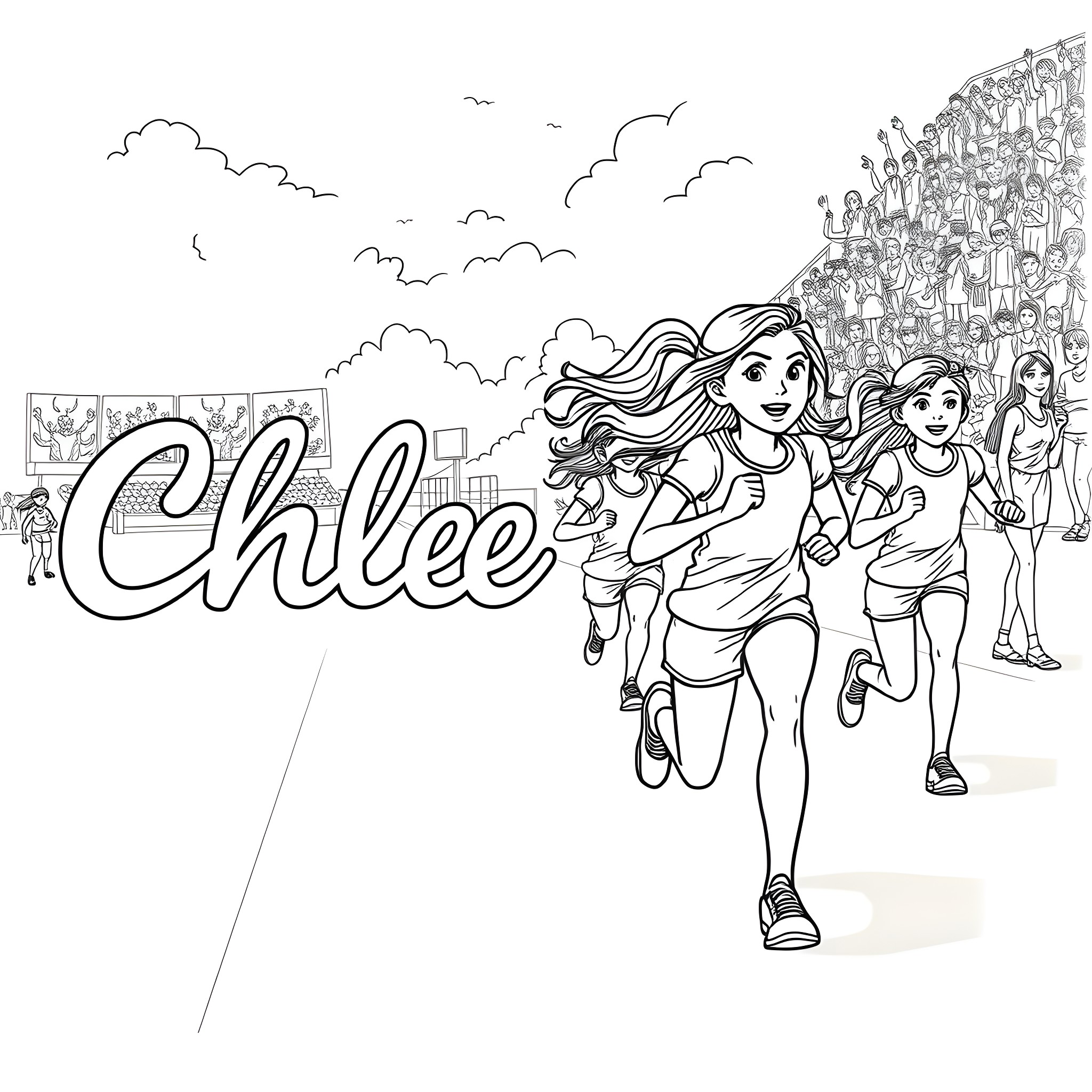 Chloe and friends running together happily Coloring Page (free black-and-white line drawing printable PDF for all, from beginners to advanced learners, including children, teens, adults, and seniors)