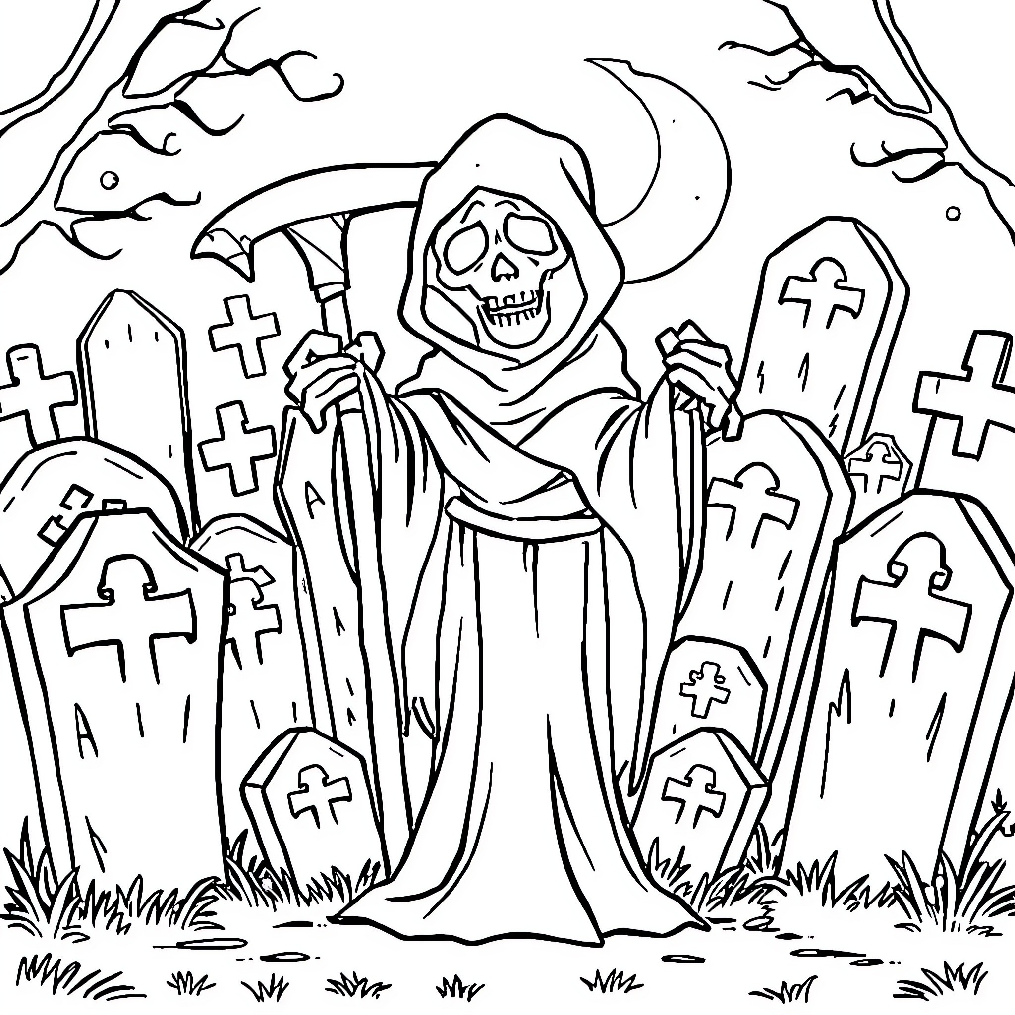 Grim Reaper Haunting the Graveyard Coloring Page (free black-and-white line drawing printable PDF for all, from beginners to advanced learners, including children, teens, adults, and seniors)