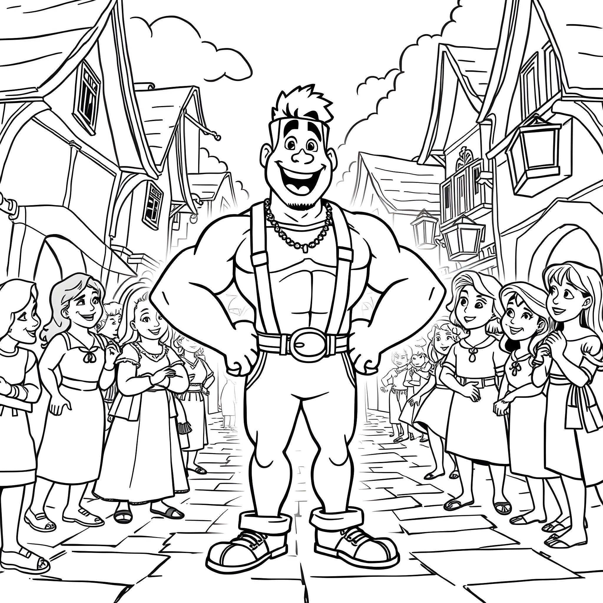 Gastón enjoying the lively town with locals Coloring Page (free black-and-white line drawing printable PDF for all, from beginners to advanced learners, including children, teens, adults, and seniors)