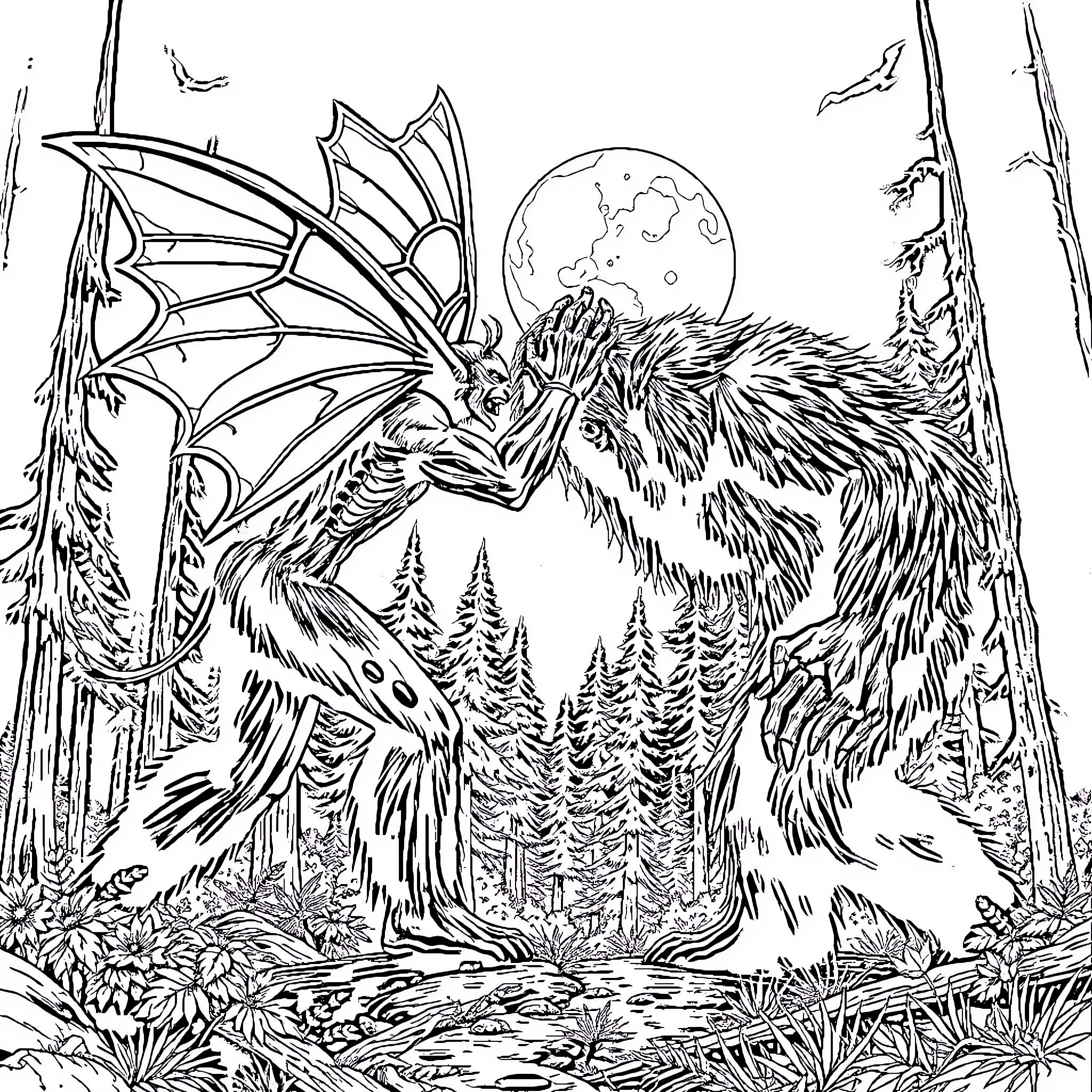 Mothman soaring under the moonlight in a mystical forest Coloring Page (free black-and-white line drawing printable PDF for all, from beginners to advanced learners, including children, teens, adults, and seniors)