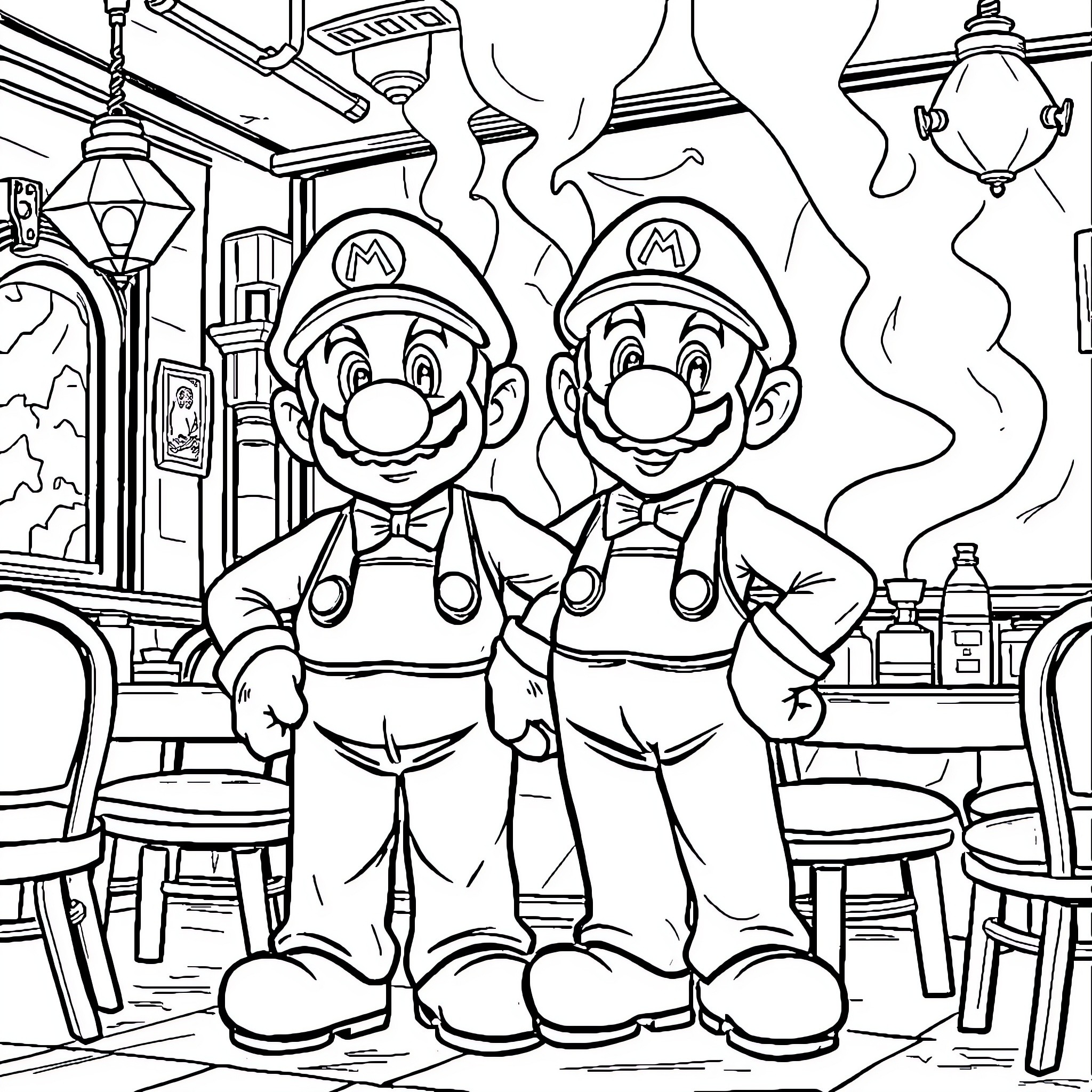 Mario Brothers Plumbers at Work in a Diner Coloring Page (free black-and-white line drawing printable PDF for all, from beginners to advanced learners, including children, teens, adults, and seniors)