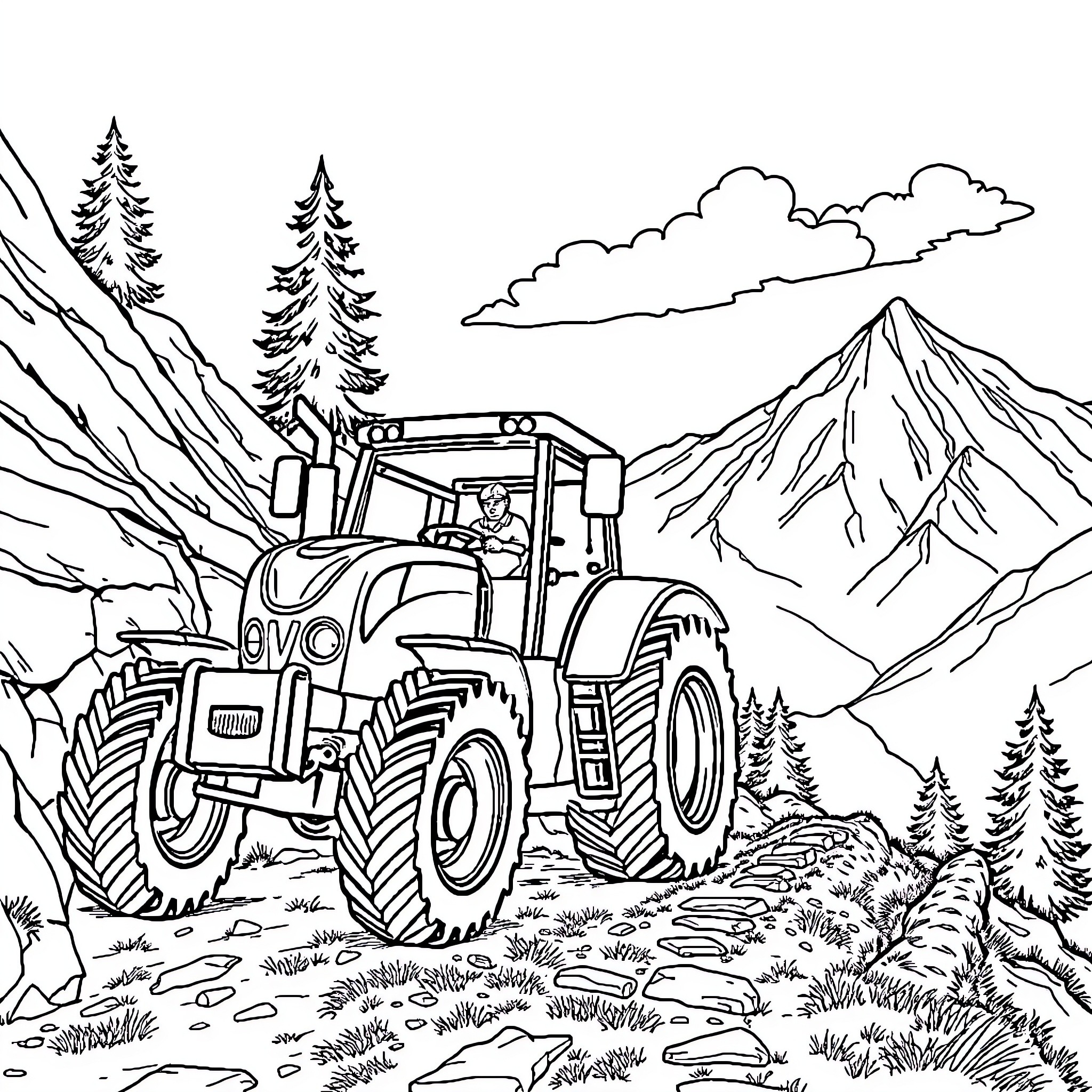 Tractor navigating through rugged mountain terrain Coloring Page (free black-and-white line drawing printable PDF for all, from beginners to advanced learners, including children, teens, adults, and seniors)