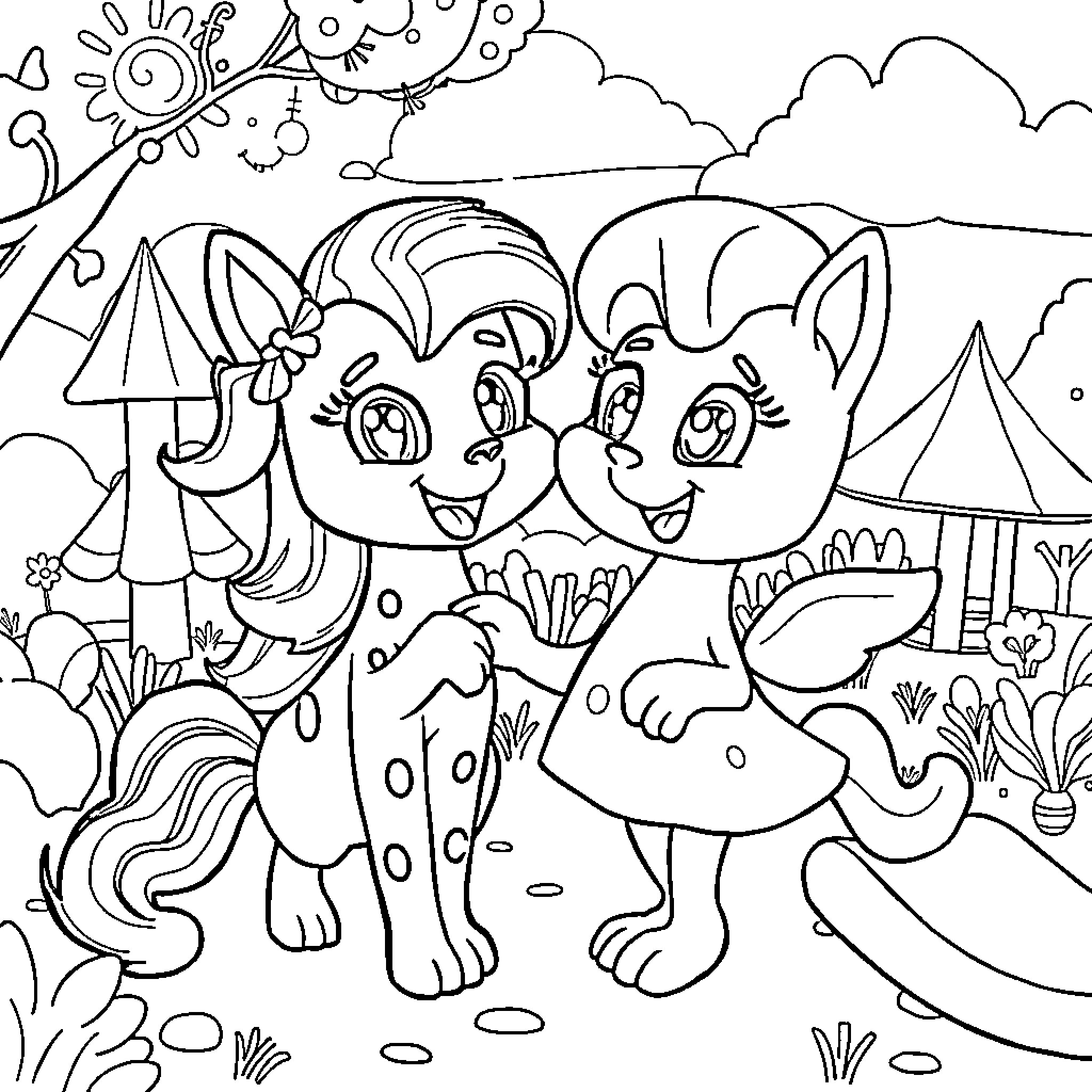 Meekah's Playful Adventure in the Enchanted Forest Coloring Page (free black-and-white line drawing printable PDF for all, from beginners to advanced learners, including children, teens, adults, and seniors)