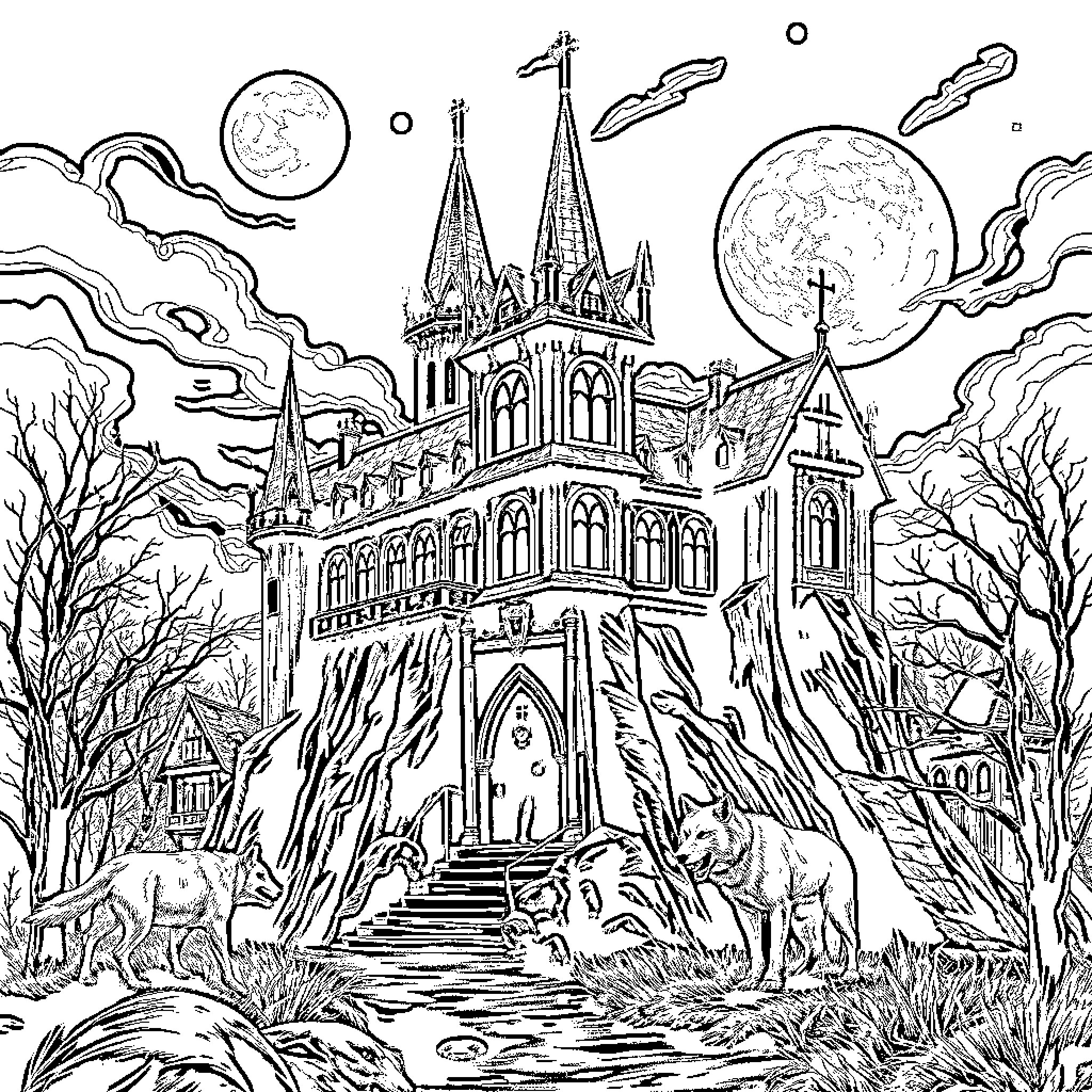Werewolf guarding a haunted castle in the moonlight Coloring Page (free black-and-white line drawing printable PDF for all, from beginners to advanced learners, including children, teens, adults, and seniors)