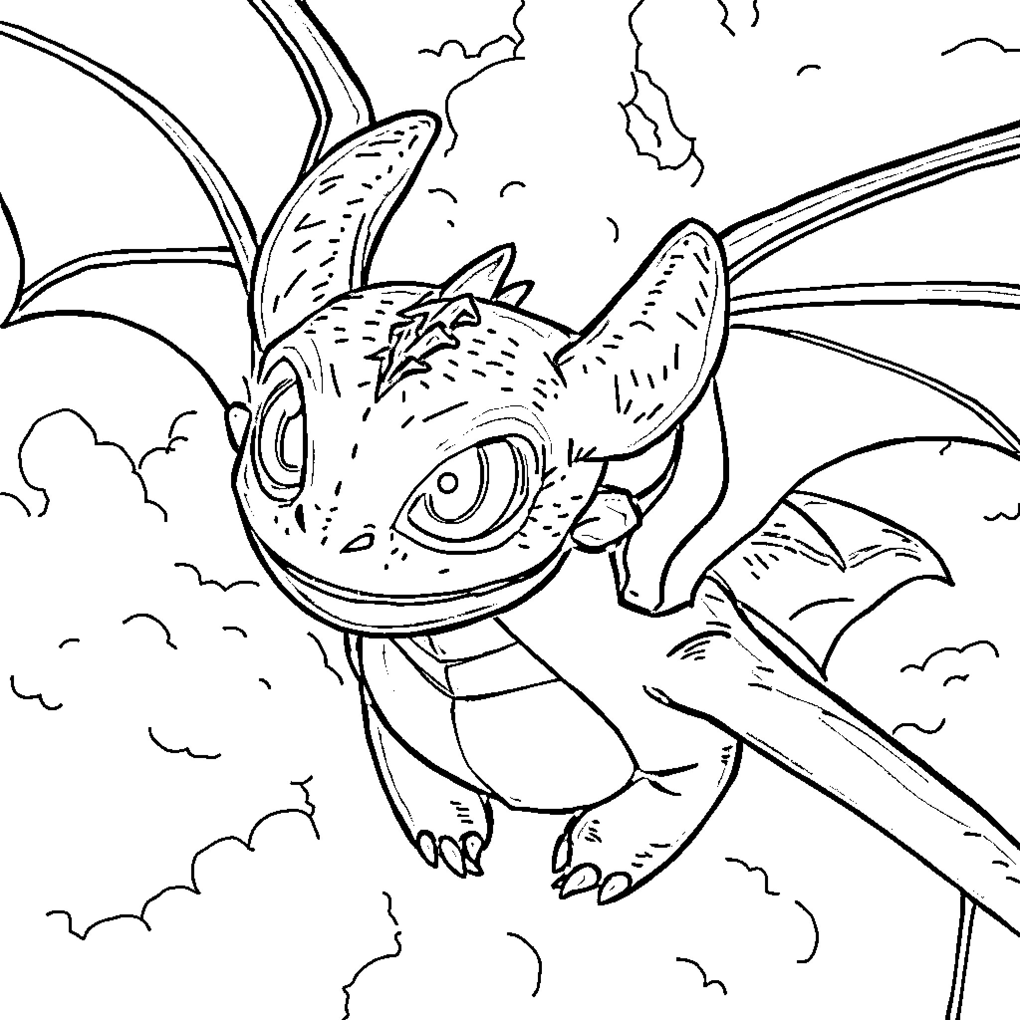 Toothless Dragon Soaring Through the Clouds Coloring Page (free black-and-white line drawing printable PDF for all, from beginners to advanced learners, including children, teens, adults, and seniors)