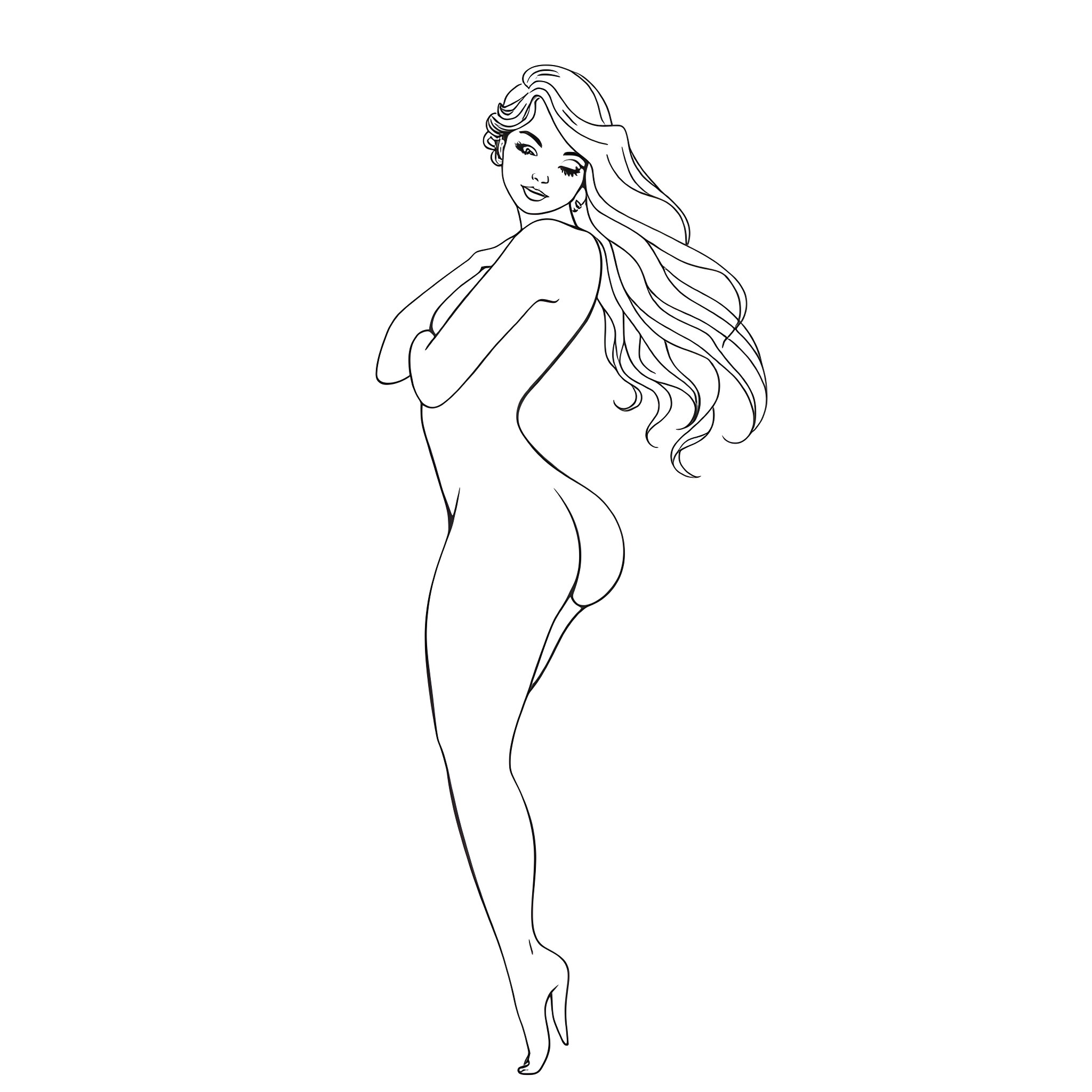 Woman in graceful pose with flowing hair Coloring Page (free black-and-white line drawing printable PDF for all, from beginners to advanced learners, including children, teens, adults, and seniors)