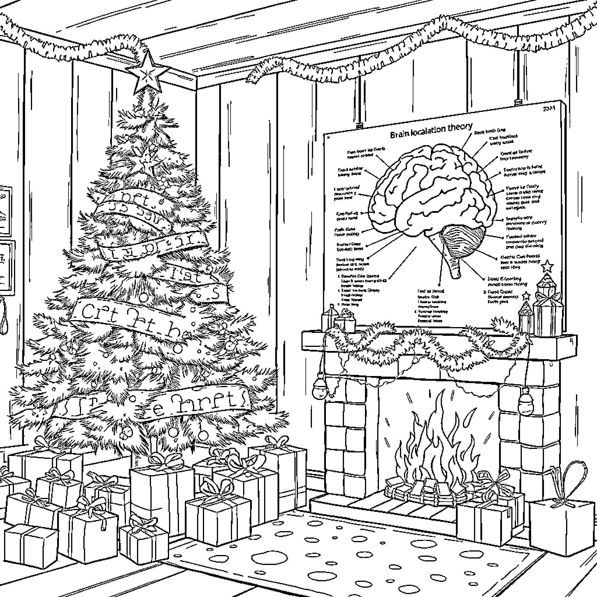Christmas Celebration with Decorated Tree and Fireplace Coloring Page (free black-and-white line drawing printable PDF for all, from beginners to advanced learners, including children, teens, adults, and seniors)