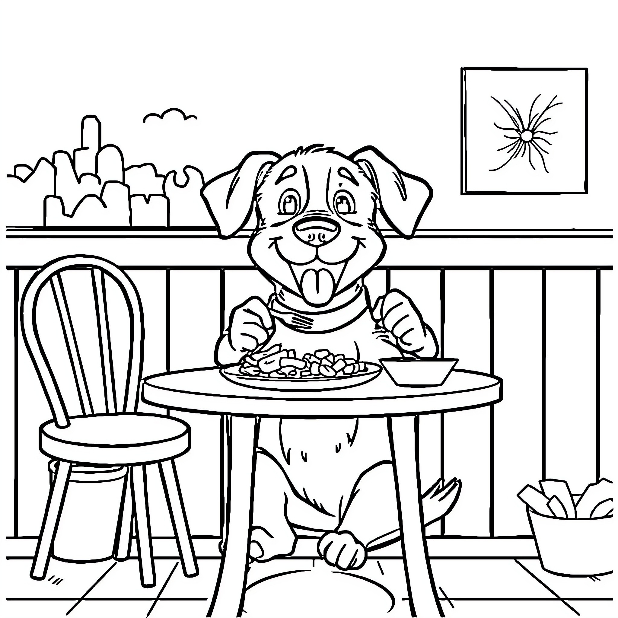 Dog enjoying a meal at the table Coloring Page (free black-and-white line drawing printable PDF for all, from beginners to advanced learners, including children, teens, adults, and seniors)