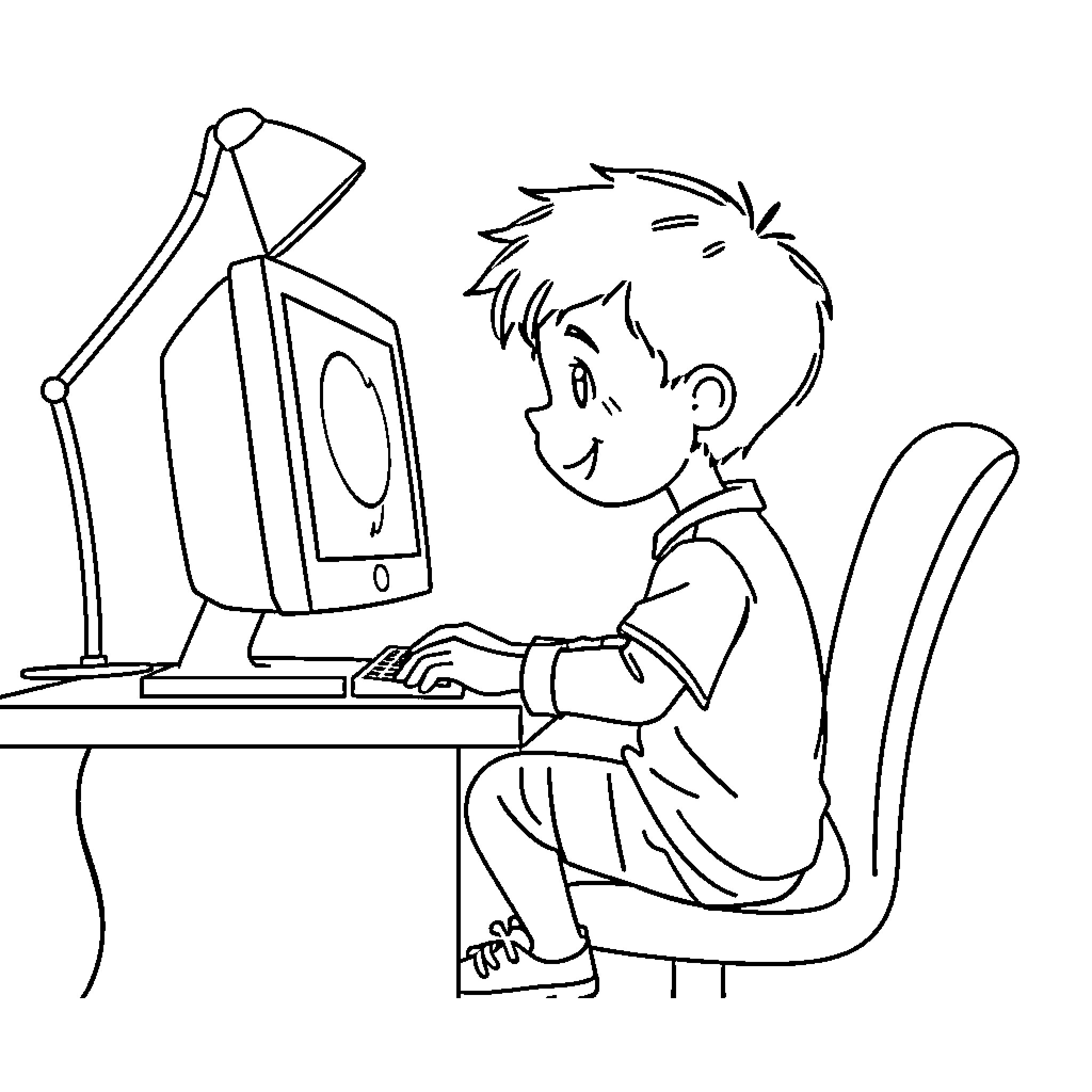 Child using computer with enthusiasm Coloring Page (free black-and-white line drawing printable PDF for all, from beginners to advanced learners, including children, teens, adults, and seniors)