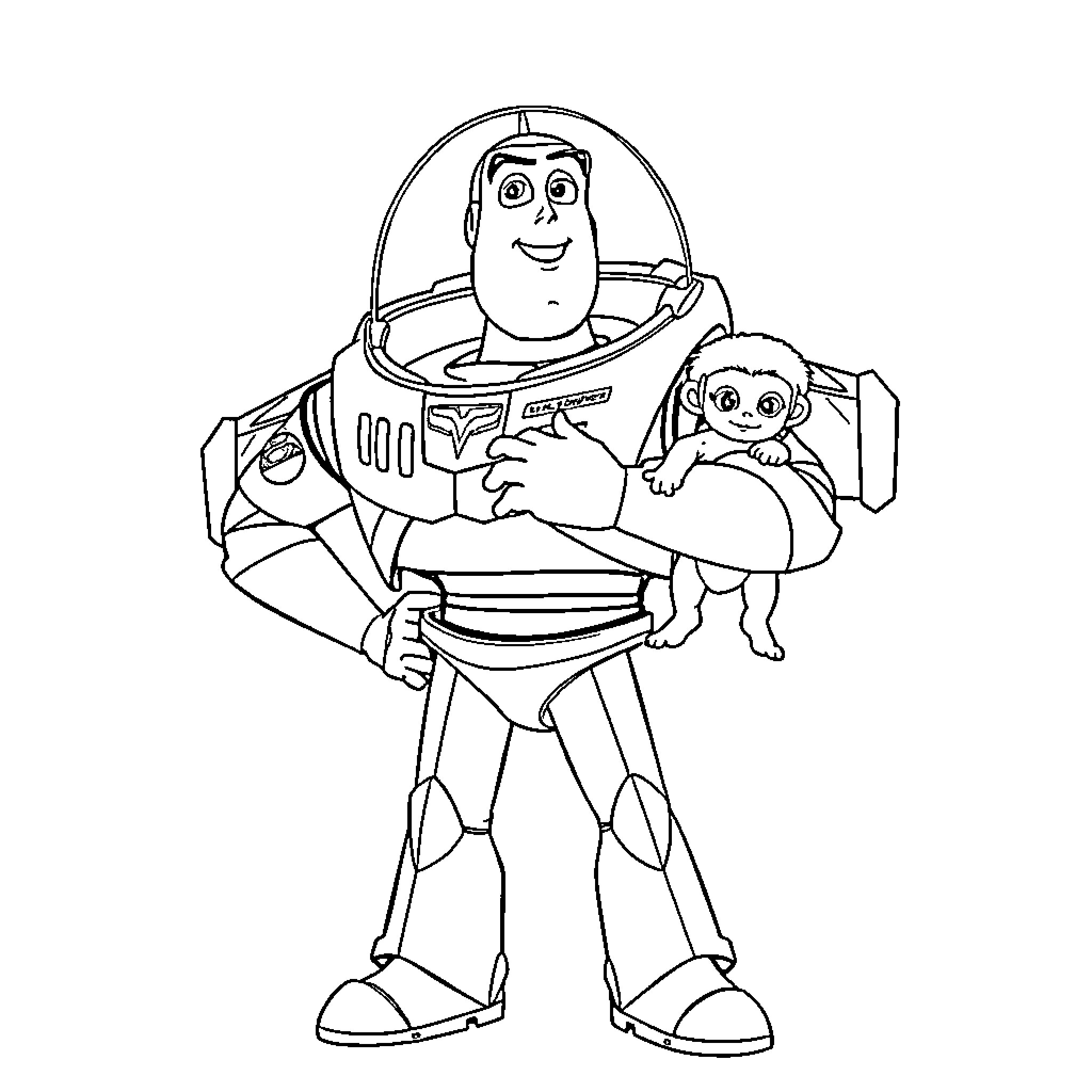 Buzz Lightyear assisting alien companion Coloring Page (free black-and-white line drawing printable PDF for all, from beginners to advanced learners, including children, teens, adults, and seniors)