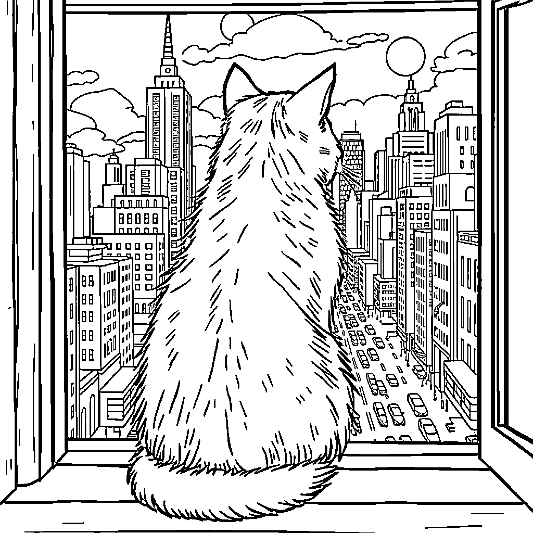 Cat overlooking the city skyline Coloring Page (free black-and-white line drawing printable PDF for all, from beginners to advanced learners, including children, teens, adults, and seniors)