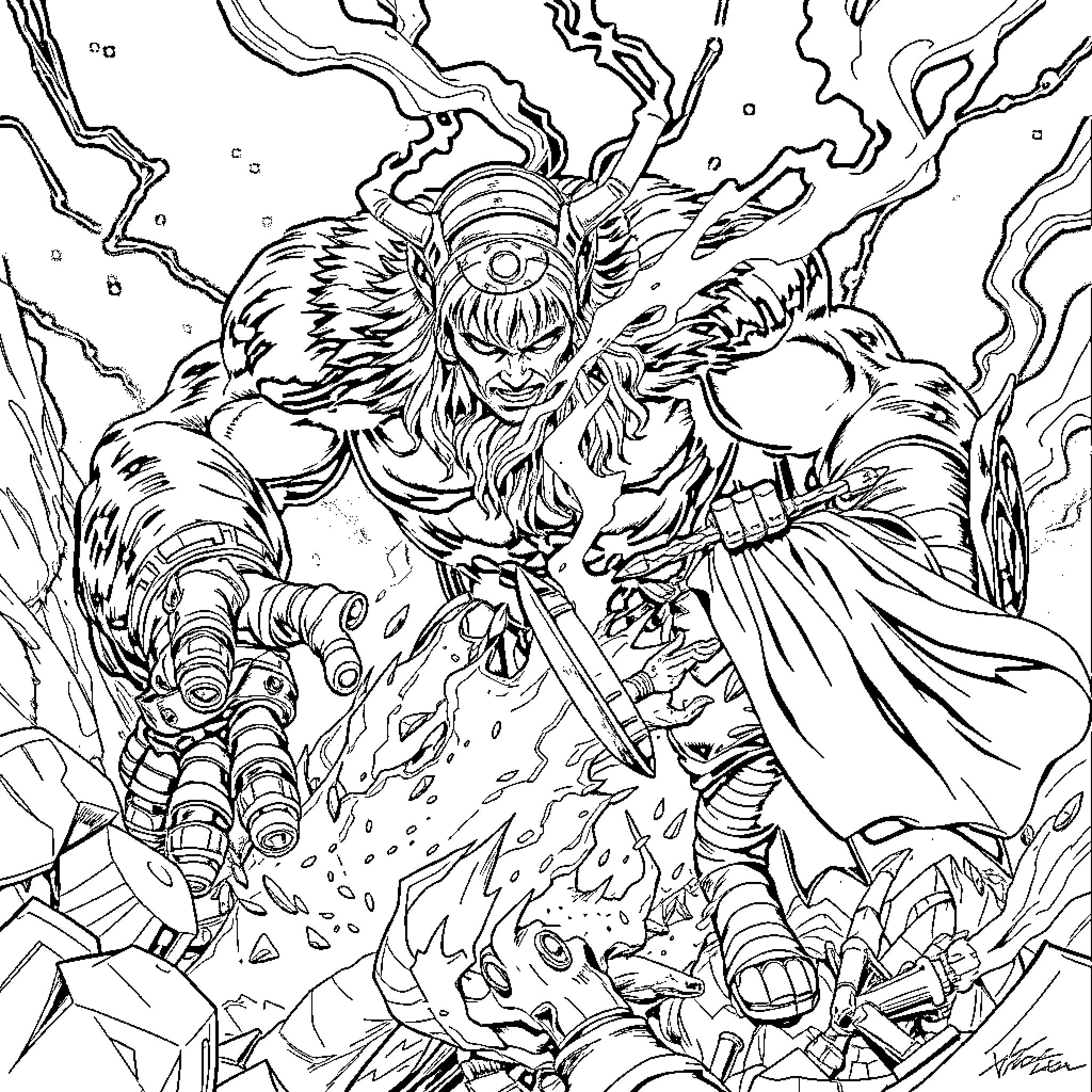 Thor's Mighty Clash Against Monstrous Foes Coloring Page (free black-and-white line drawing printable PDF for all, from beginners to advanced learners, including children, teens, adults, and seniors)