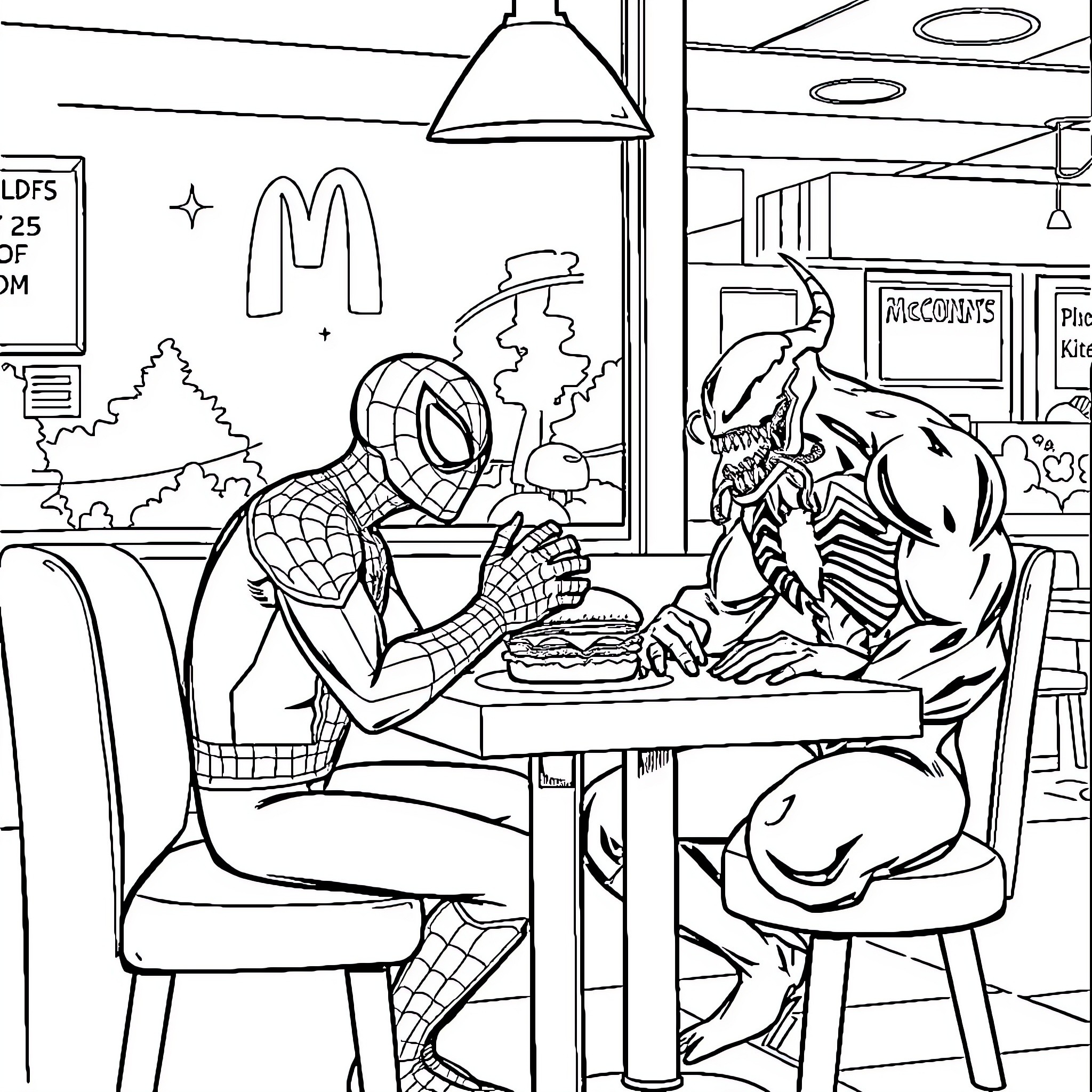 Spiderman enjoying a meal with a monstrous creature Coloring Page (free black-and-white line drawing printable PDF for all, from beginners to advanced learners, including children, teens, adults, and seniors)