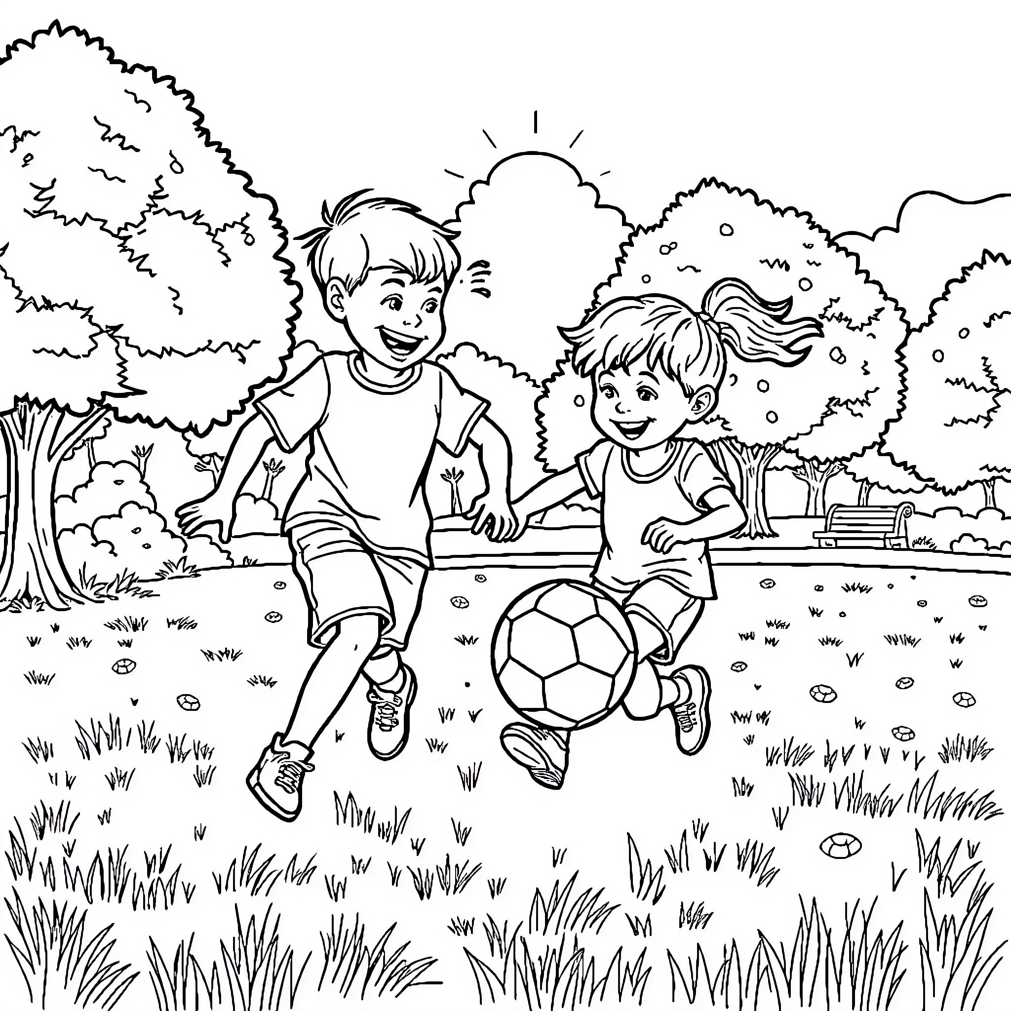 Children playing with soccer ball in park Coloring Page (free black-and-white line drawing printable PDF for all, from beginners to advanced learners, including children, teens, adults, and seniors)